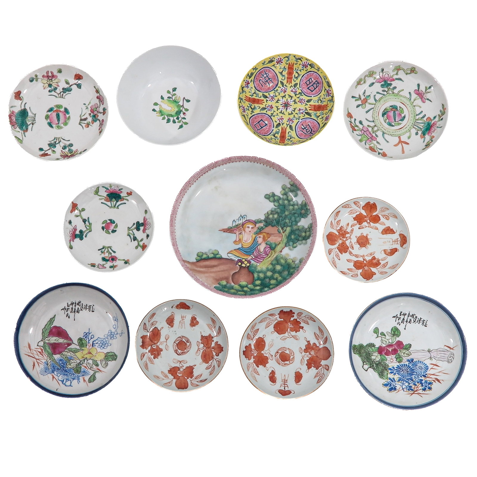 A Diverse Collection of Porcelain: 10 pieces, including dishes and a Famille Rose peach decor bowl, 15 cm. in diameter, in diverse conditions.