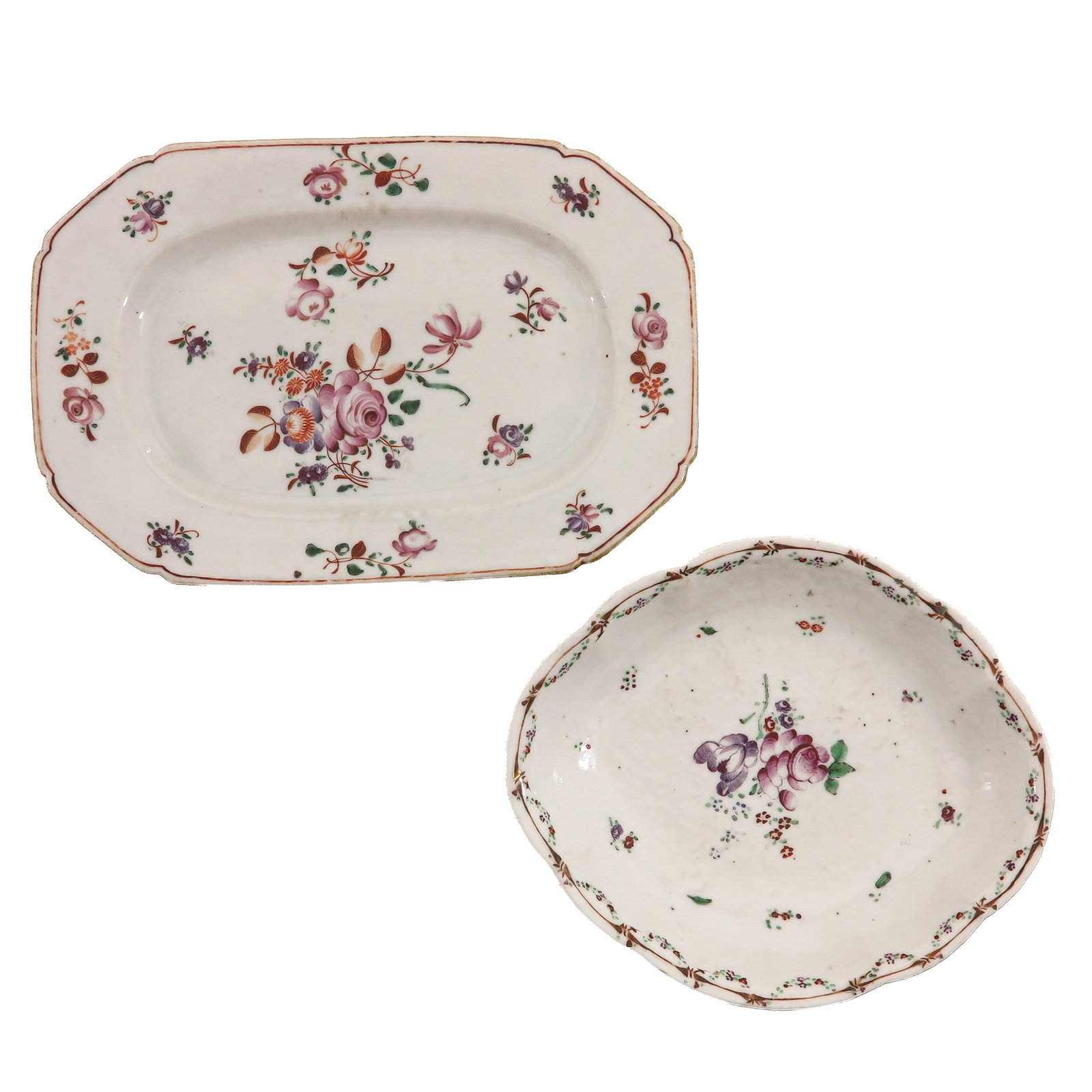 A Famille Rose Platter and Bowl: Both decorated with floral motifs, circa 1800, platter is 25 cm. long.