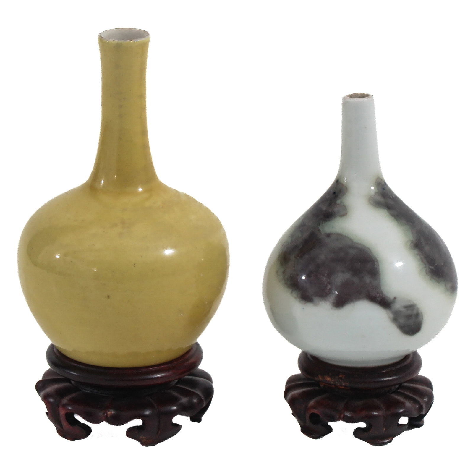 A Lot of 2 Small Vases: On carved wood bases, including red underglaze Kangxi Period, tallest vase is 12 cm.