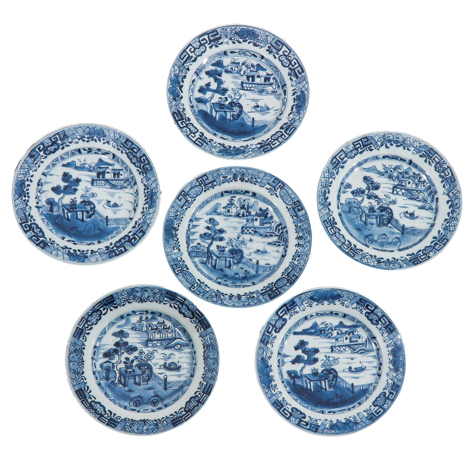 A Series of 6 Blue and White Plates: Decorated with landscapes and pagodas, 18th Century, 23 cm. in diameter, chip and hairline.