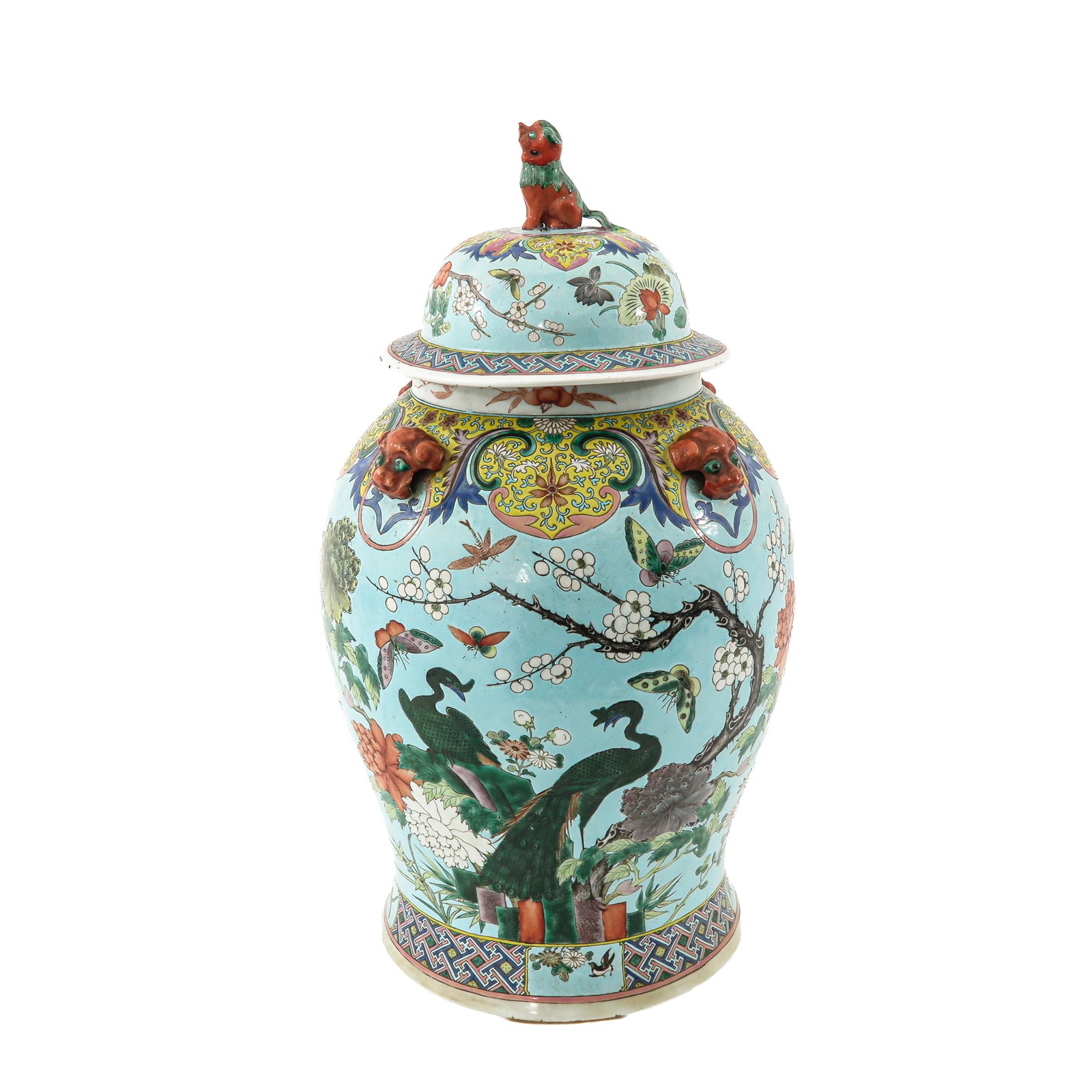 A Large Covered Jar: Light blue ground with polychrome decor of scenes in a garden, 64 cm. tall.