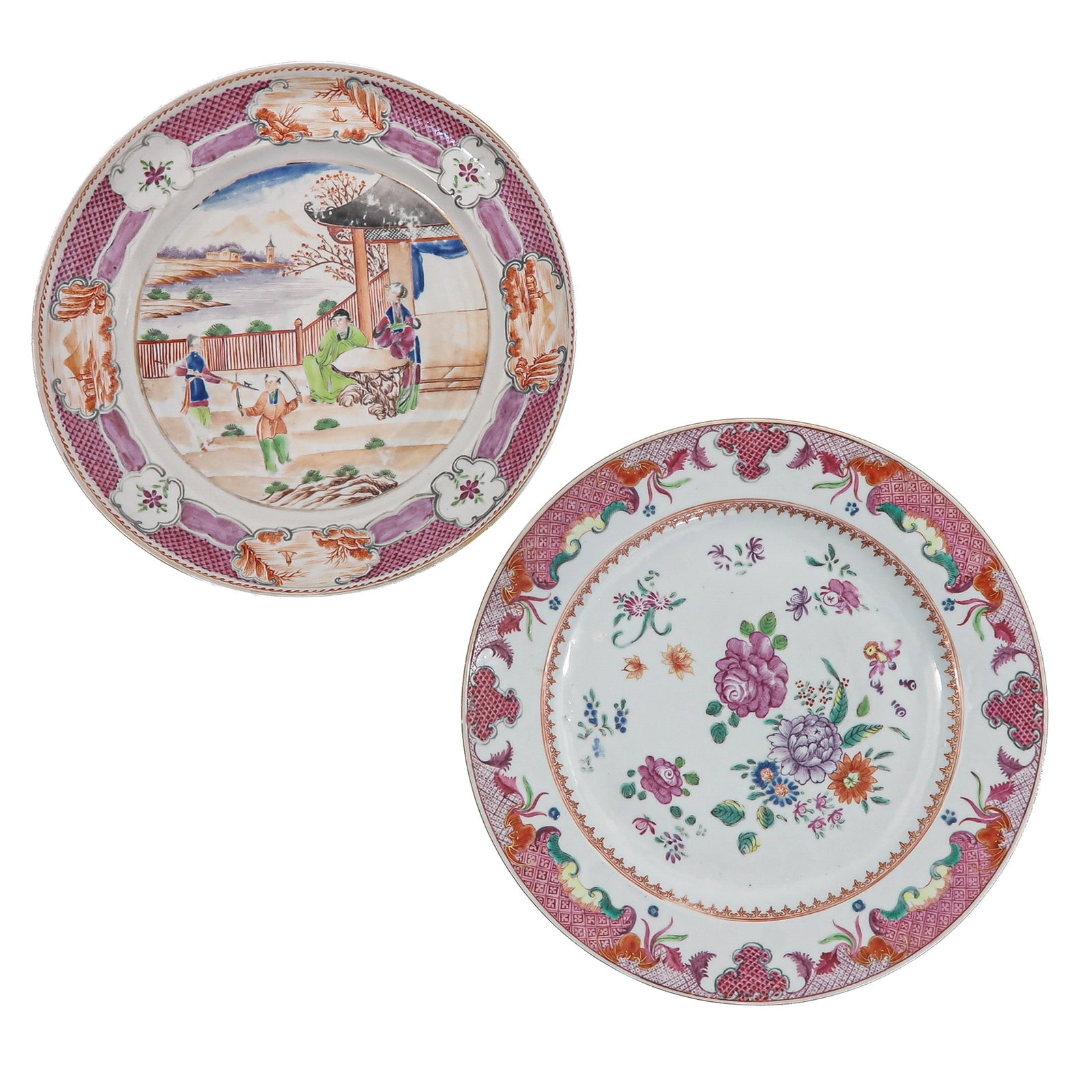 A Lot of 2 Famille Rose Plates: One decorated with figural garden scenes and the other with a polychrome floral design, 18th Century, 26 cm. in diameter, hairline.