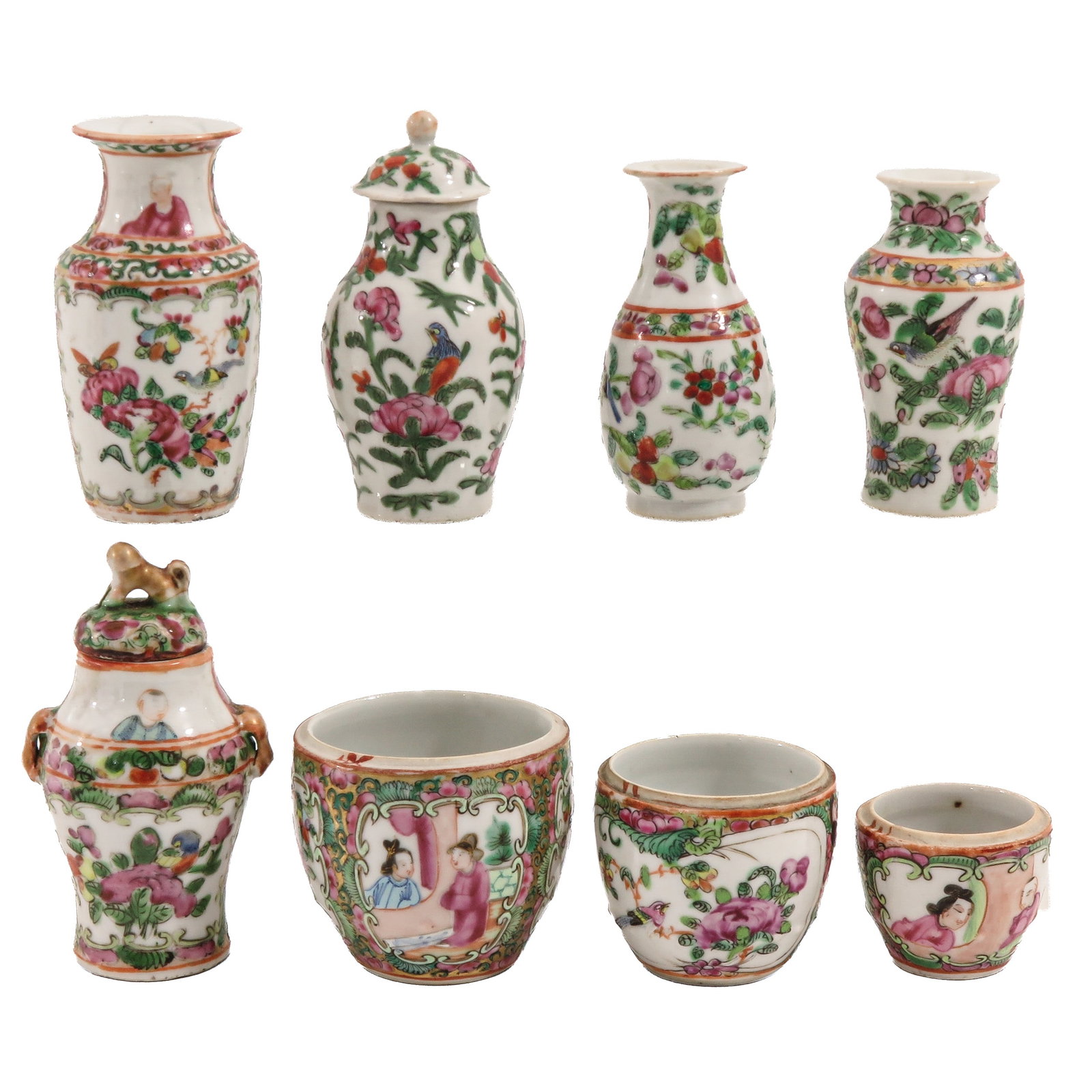 A Group of 8 Cantonese Miniatures: Including small vases, covered vases and cups, tallest vase is 10 cm., chip.