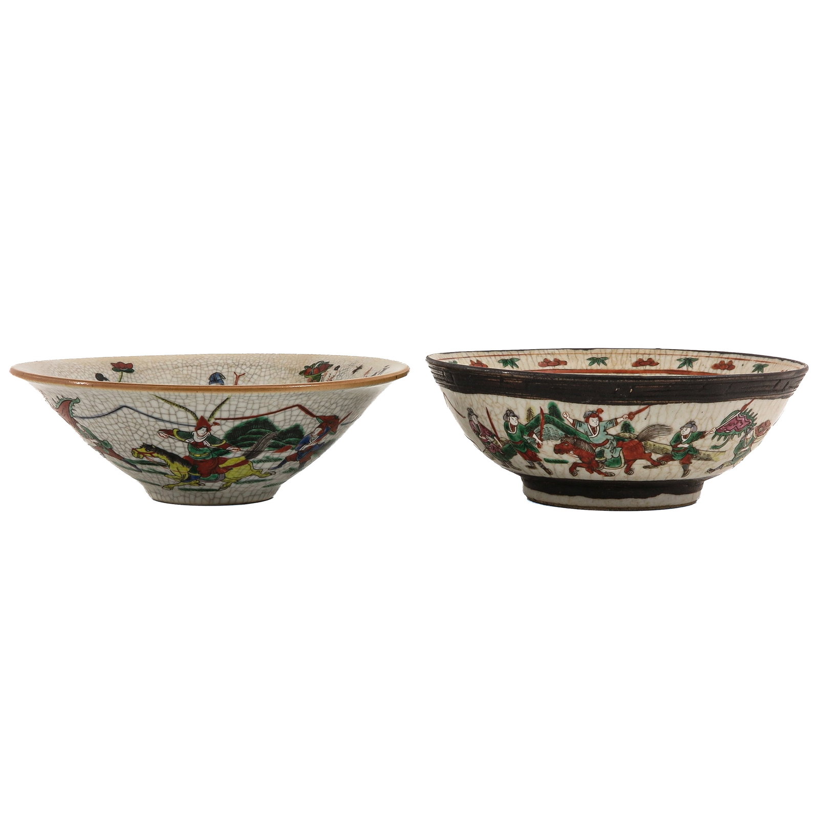 A Lot of 2 Nanking Bowls: Decorated with warriors on horseback, with crackle glaze, 19th Century, largest bowl is 27 cm.