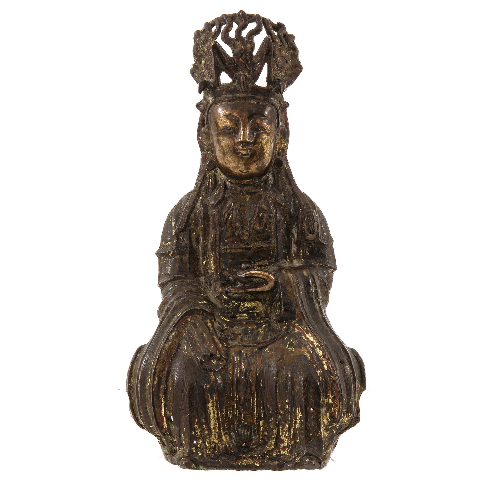 A Bronze Ming Period Buddha Sculpture: Sitting on a carved wood base, 19 cm. tall.