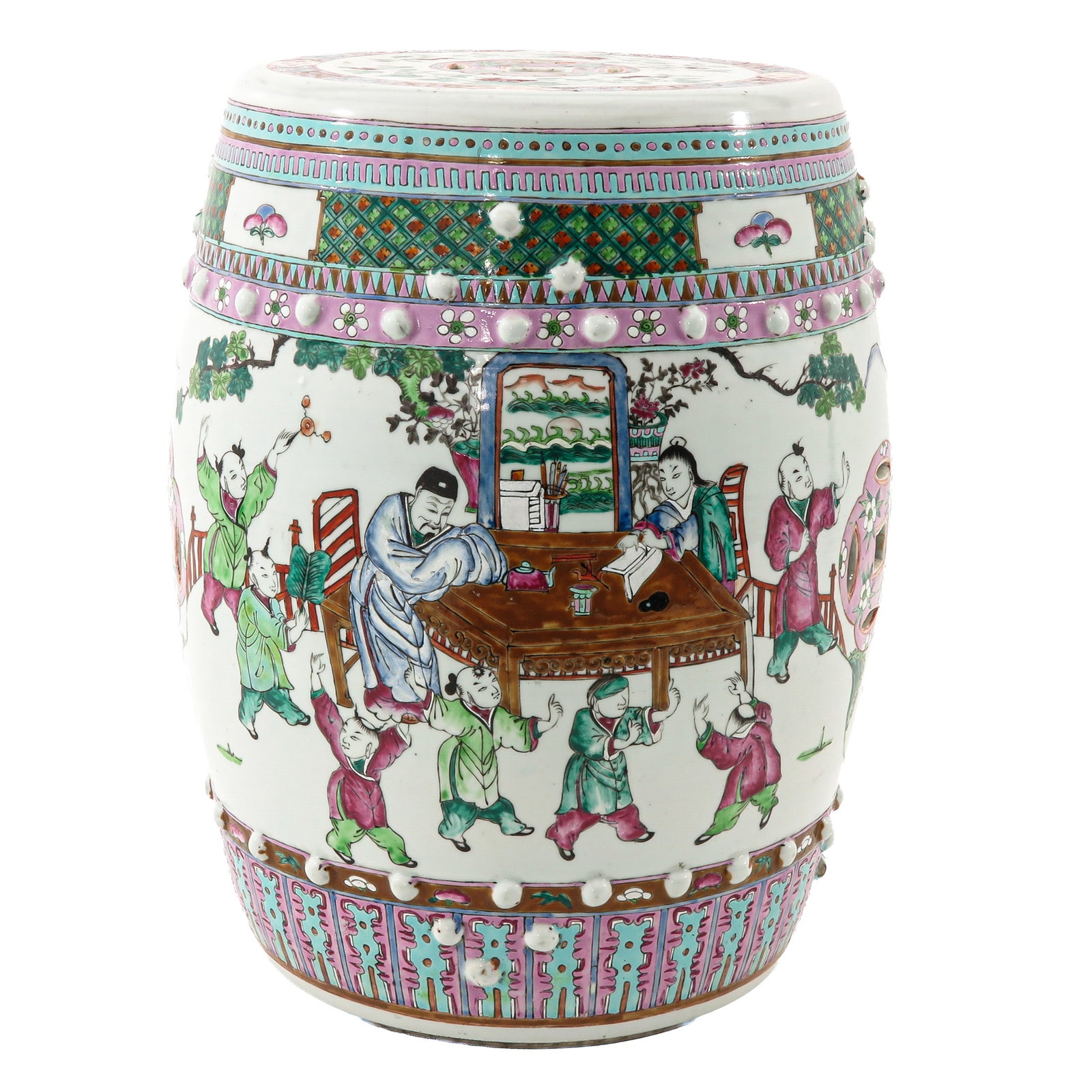 A Famille Rose Garden Seat: Depicting the gathering of Chinese figures in a garden, 46 cm. tall.