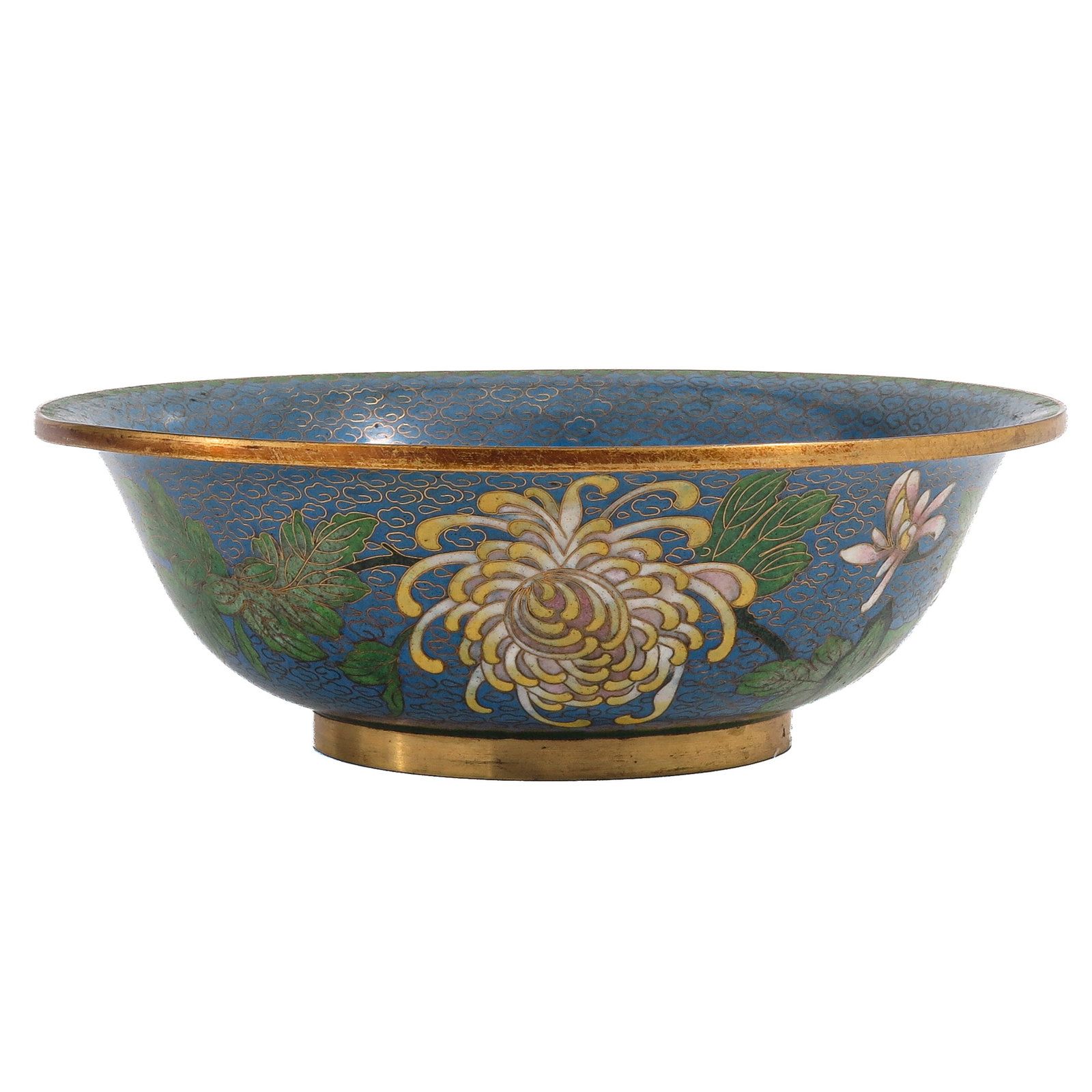 A Cloisonne Enamel Bowl: Decorated with large chrysanthemum blossoms and foliage on a turquiose blue ground, 21 cm. in diameter.