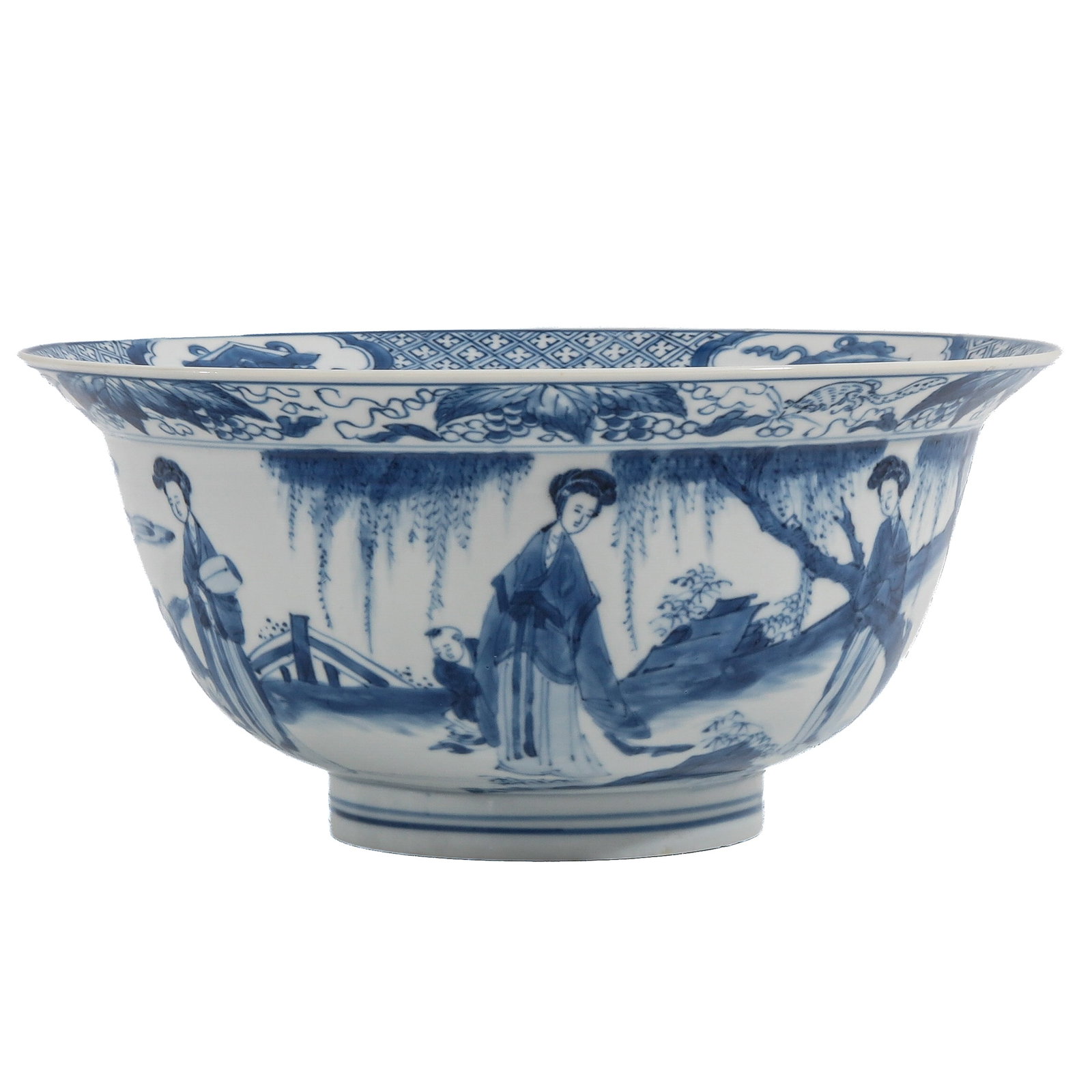 A Blue and White Flared Rim Bowl: Depicting figures in a garden setting, Chenghua mark, 18th Century, 21 cm. in diameter, hairline.