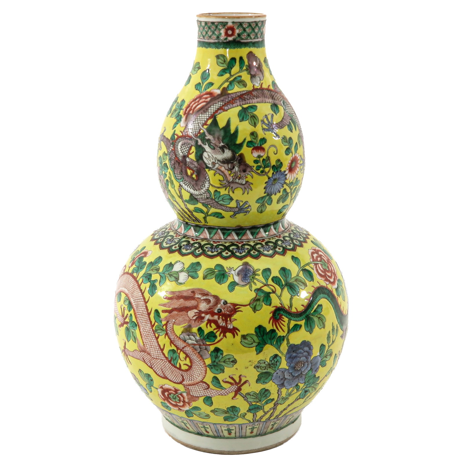 A Famille Juane Gourd Vase: Yellow groud decorated with flowers and dragons, 41 cm. tall, restored hairliine on top rim of vase.