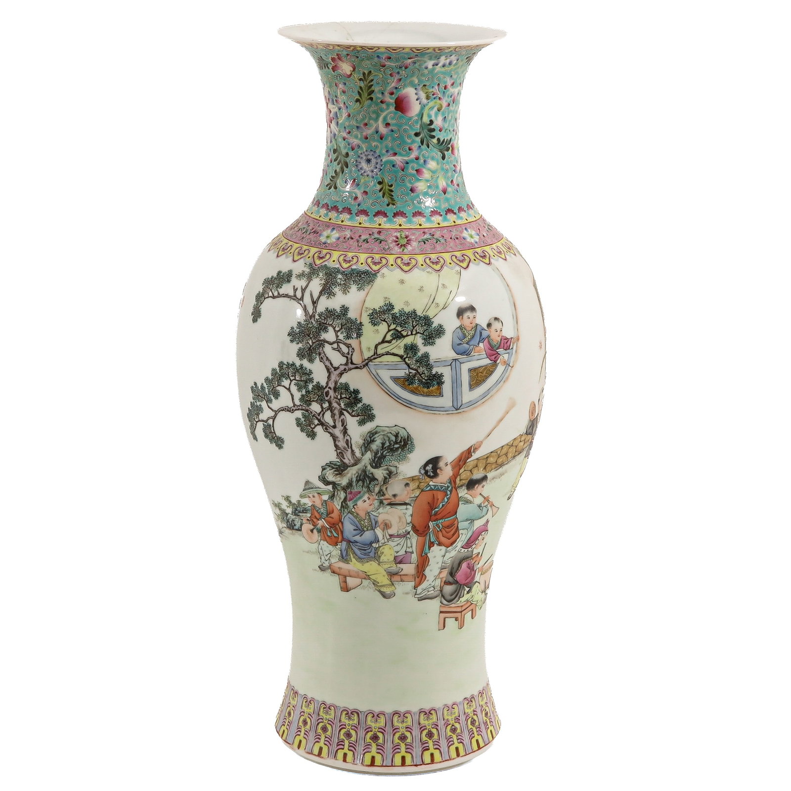 A Famille Rose Vase: Decorated with a continuous figural garden scene beneath elaborate floral and ruyi-head borders, 20th Century, 60 cm., restored.