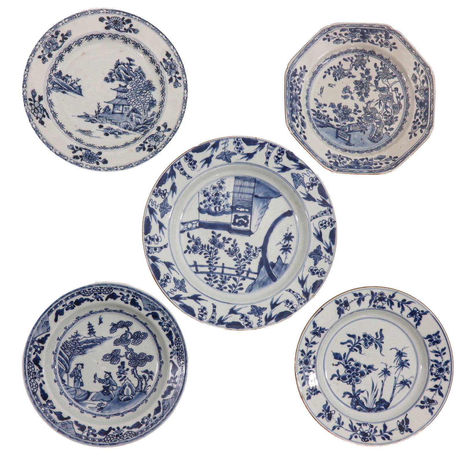 A Group of 5 Blue and White Plates: Decorated with various landscape, floral, and precious objects motifs, 18th Century, 27 cm. in diameter, chip and hairline.