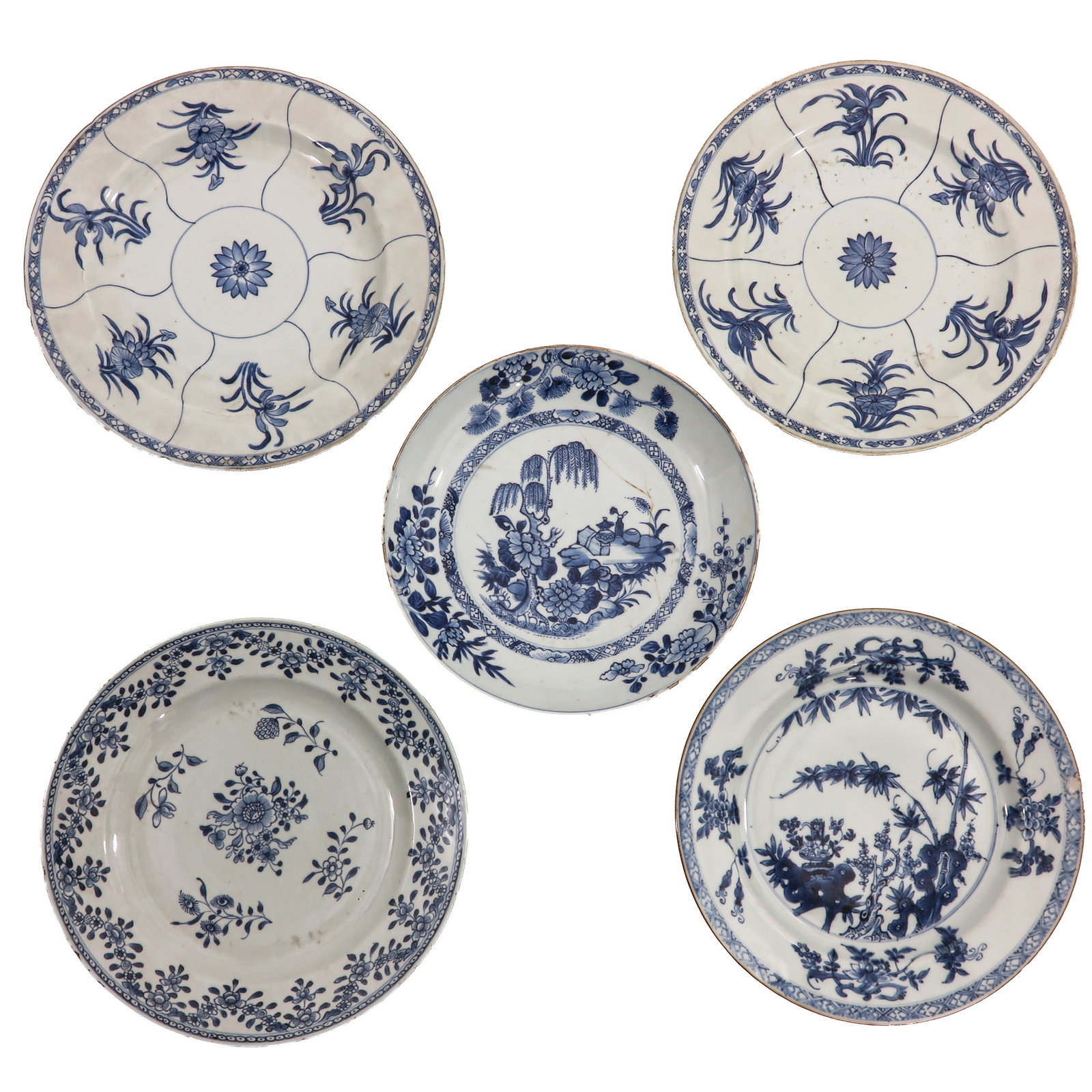 A Group of 5 Diverse Blue and White Plates: Decorated in various floral, garden and landscape motifs, 18th Century, largest plate is 29 cm. in diameter, chip and hairline.
