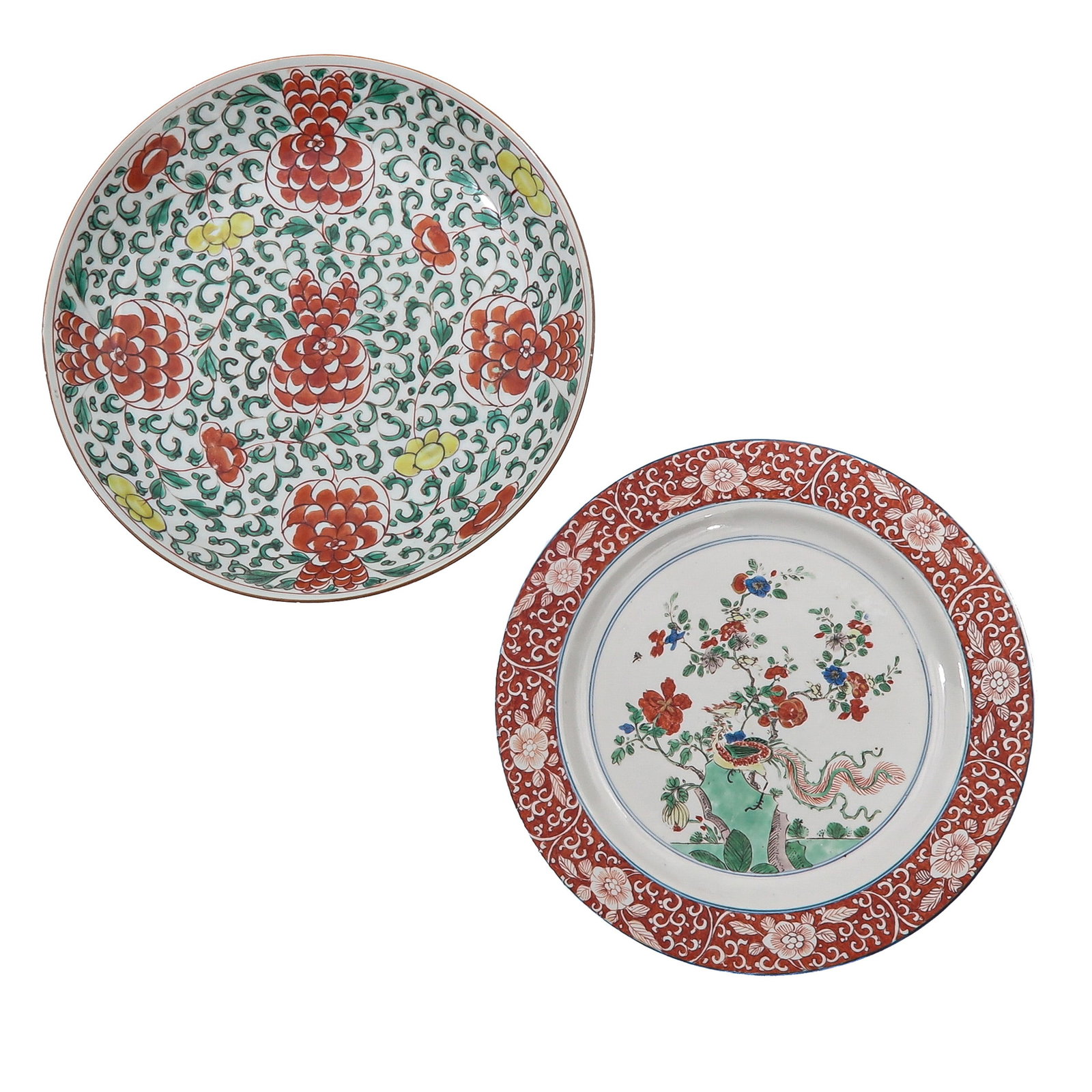 A Lot of 2 Plates: Decorated in iron red, green and Famille verte enamels with flowering plants and foliage, largest plate is 27 cm. in diameter, chip and hairline.