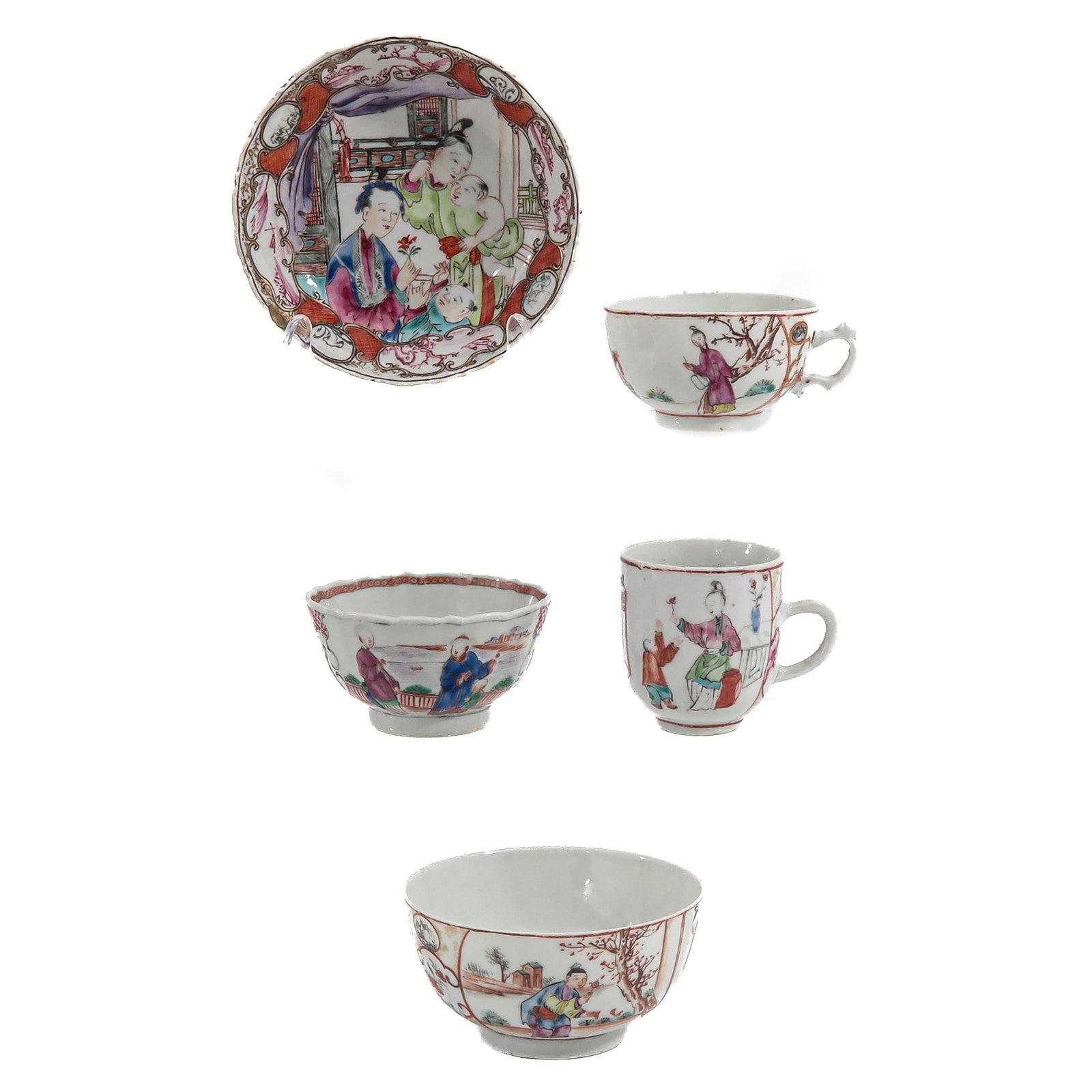 A Group of Famille Rose Porcelain: Including a small bowl, cups and a saucer, decorated with figures in a garden, 18th Century, saucer is 13 cm. in diameter, chip and hairline.