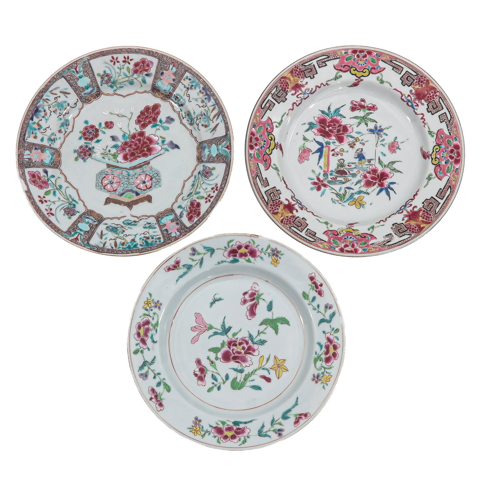 A Group of 3 Famille Rose Plates: Decorated with flowering peonies, 18th Century, 23 cm. in diameter, chip and hairline.
