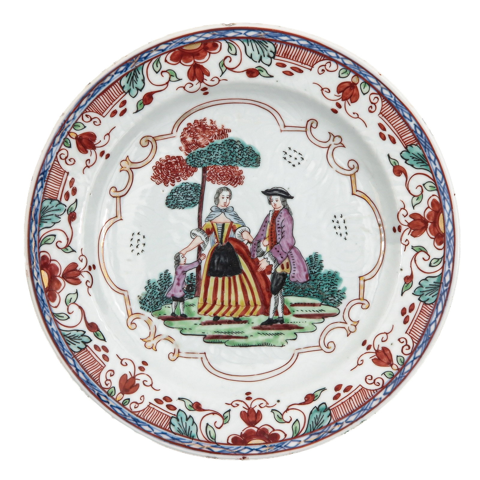 An Amsterdamse Bont Decor Plate: 18th Century, depicting a European couple in a landscape, surrounded by a floral border, 23 cm. in diameter, chip.