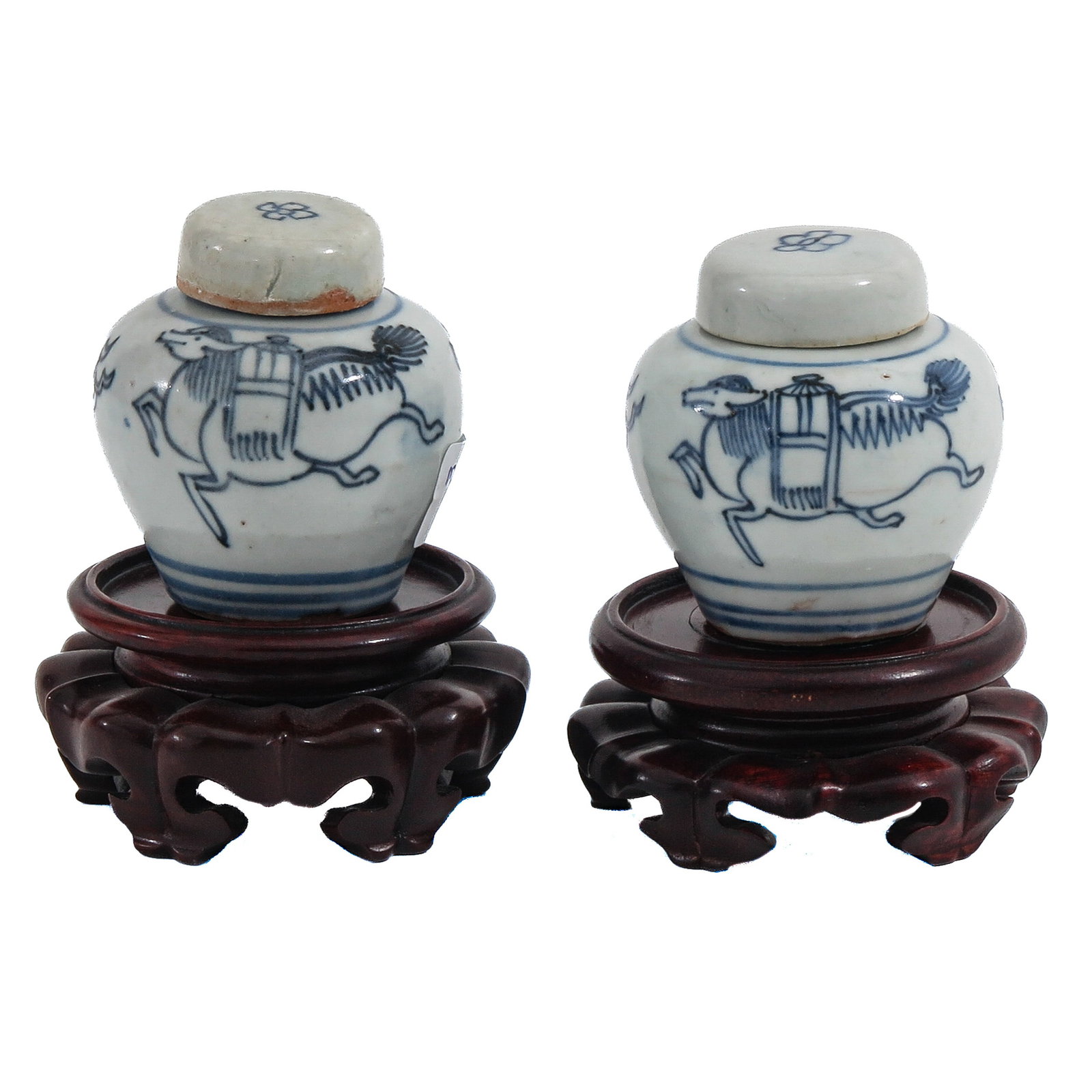 A Lot of 2 Small Covered Jars: With carved wood bases, Ming Period, jars are 6 cm. tall.