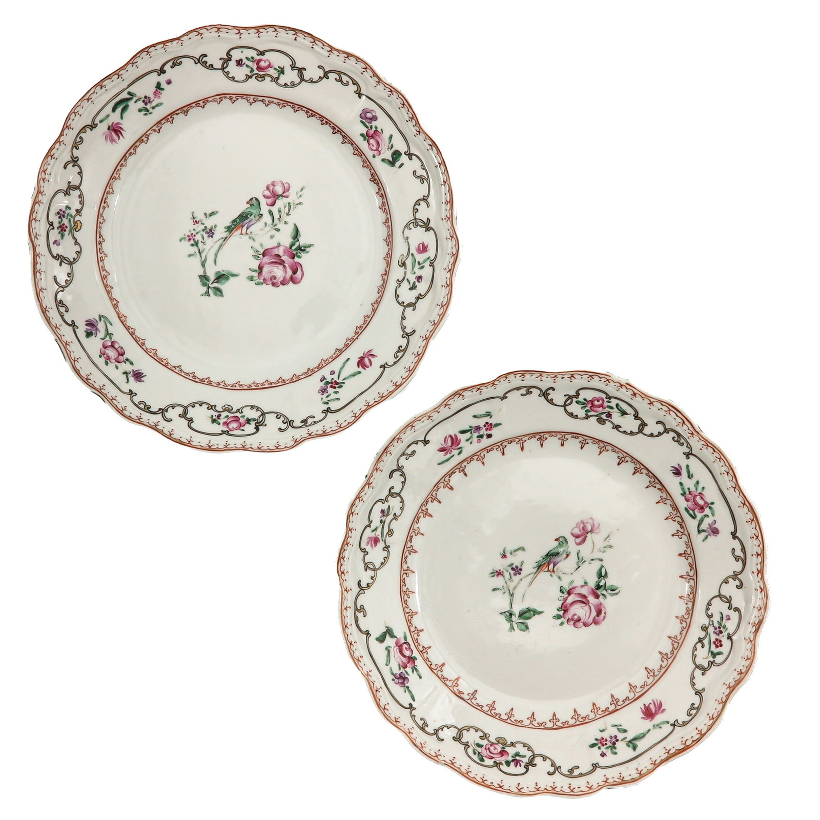 A Pair of Famille Rose Plates: Floral decor, 18th Century, 23 cm. in diameter, chip and hairline.