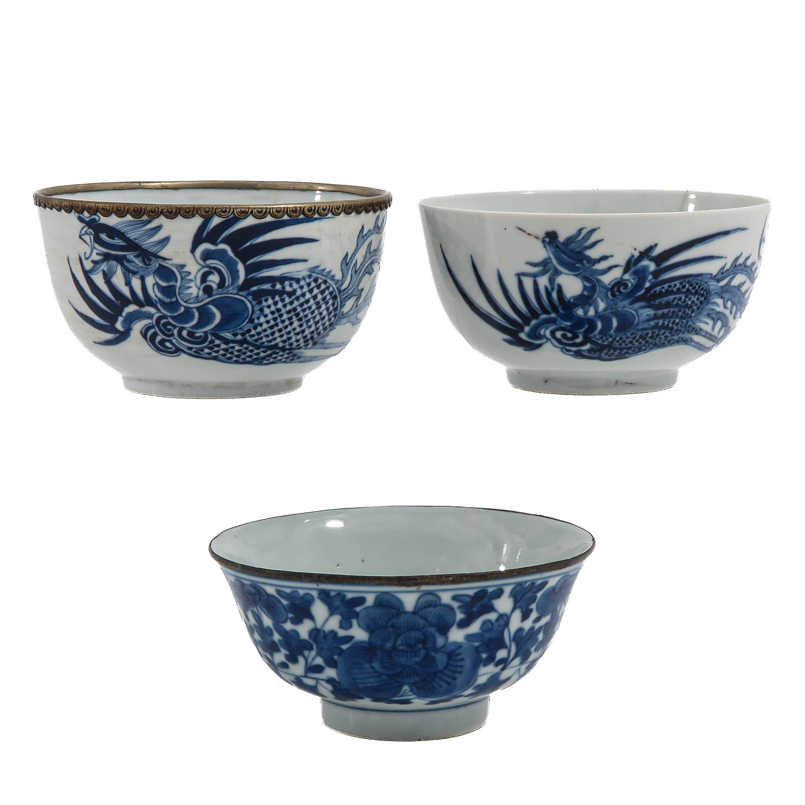 A Group of 3 Blue and White Bowls: Two decorated with phoenixes and one with peonies, 18th-19th Century, 12 cm. in diameter, hairline.