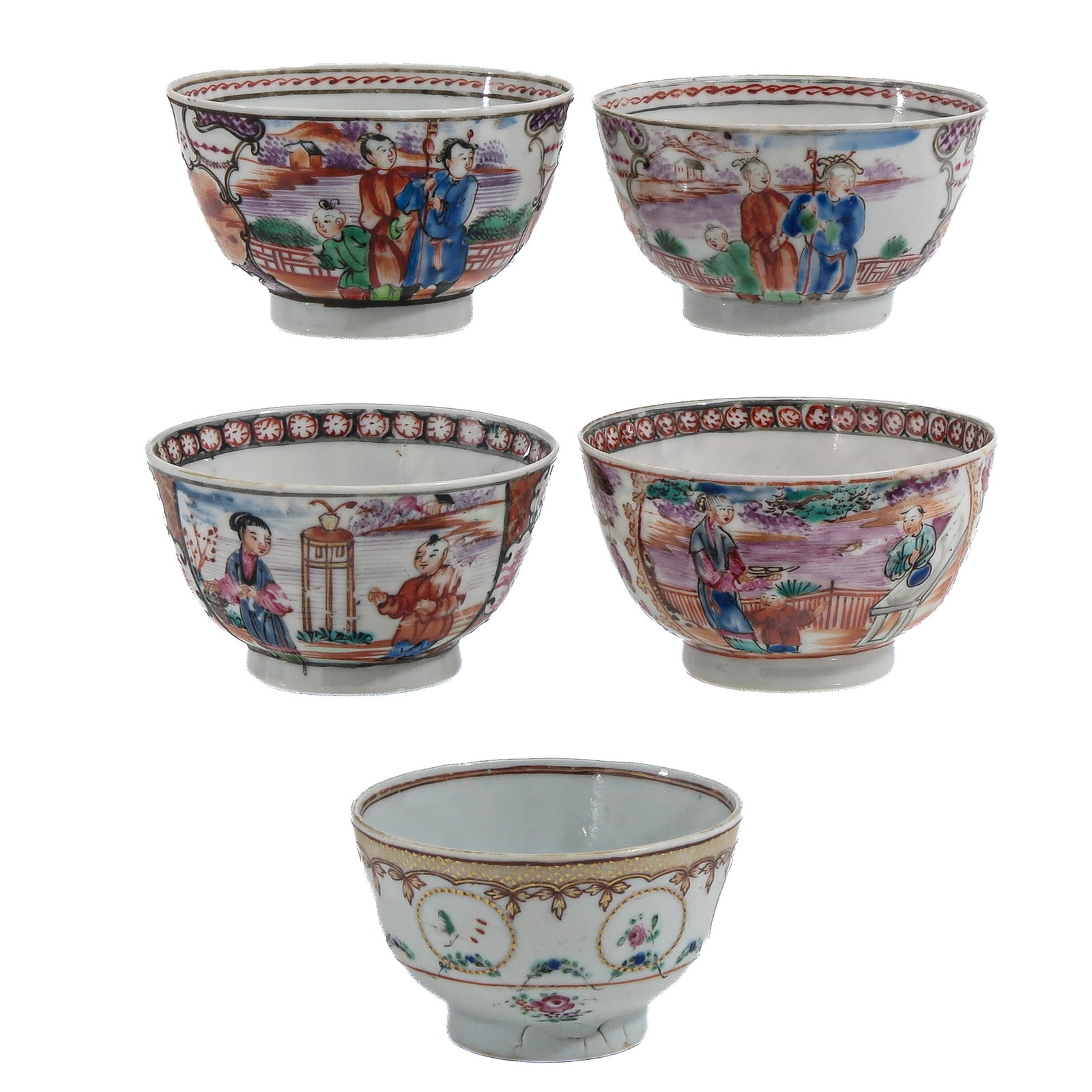 A Group of 5 Small Bowls: Decorated in Mandarin palette with figural scenes and one with floral motifs and gilt decoration, 8 cm. in diameter, hairline.