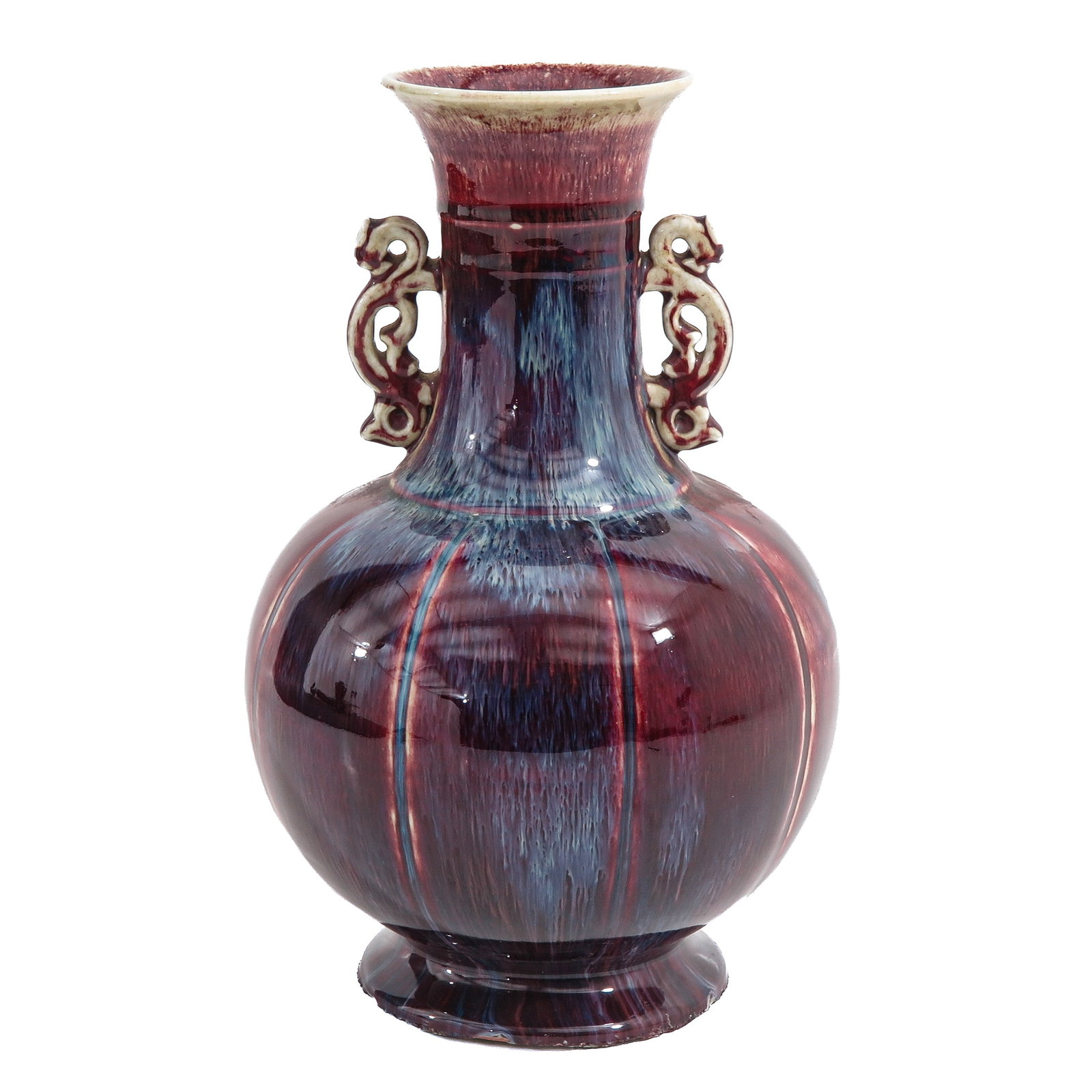 A Flambe Decor Vase: Applied dragon handles, 35 cm. tall, hairline in bottom of vase.