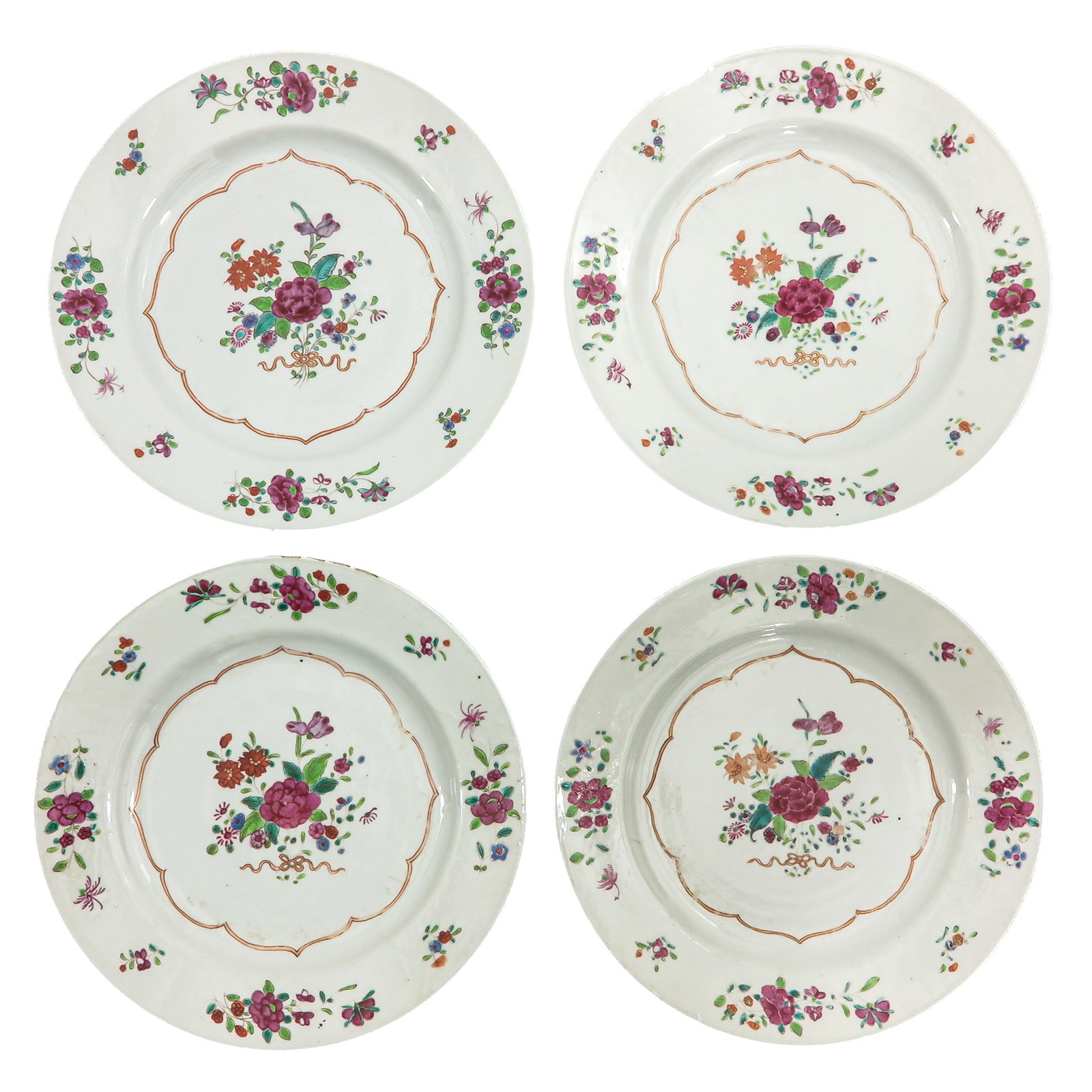 A Series of 4 Famille Rose Plates: Floral decor, 18th Century, 23 cm. in diameter, chip.