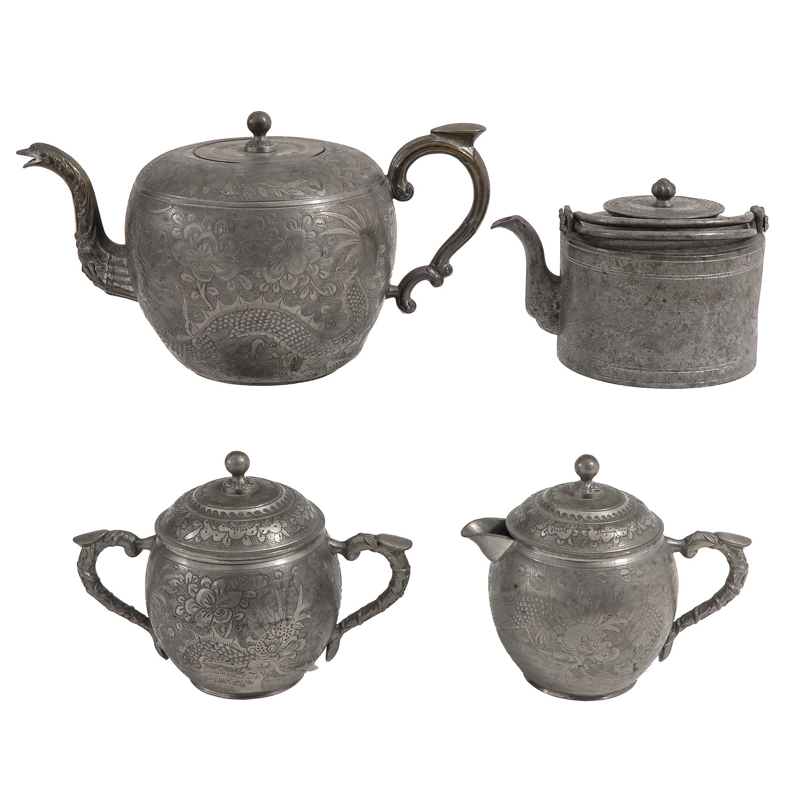 A Group of Chinese Pewter Tea Wares: Including 2 teapots, a sugar bowl and a milk jug, tallest teapot is 15 cm.