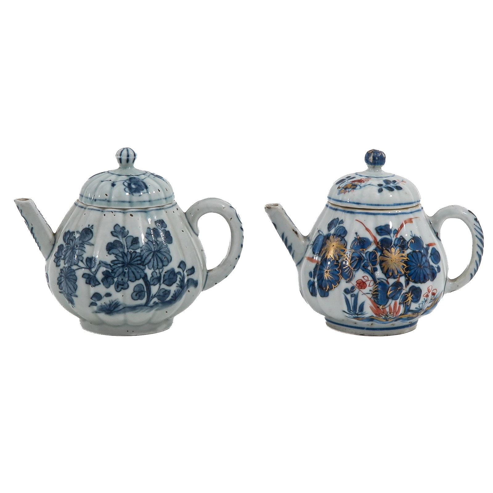A Lot of 2 Teapots: One decorated in underglaze blue with floral sprays, the other in Chinese Imari palette with floral decoration in underglaze blue, iron-red and gilt, 18th Century, 11 cm. tall, chip.