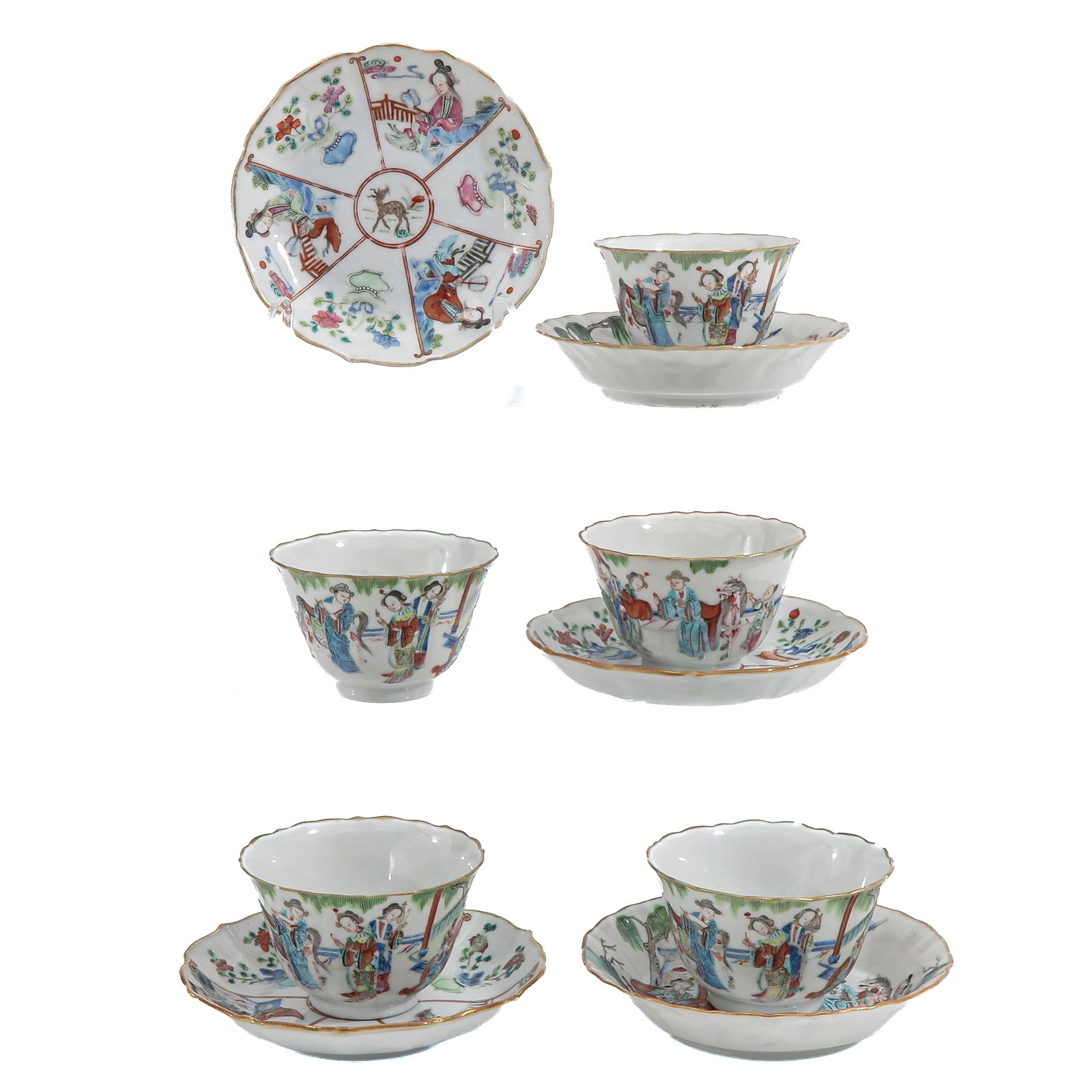 A Group of Famille Rose Cups and Saucers: Set of 5 cups and saucers decorated with fiugres in a garden setting, saucers are 13 cm. in diameter, chip and hairline.