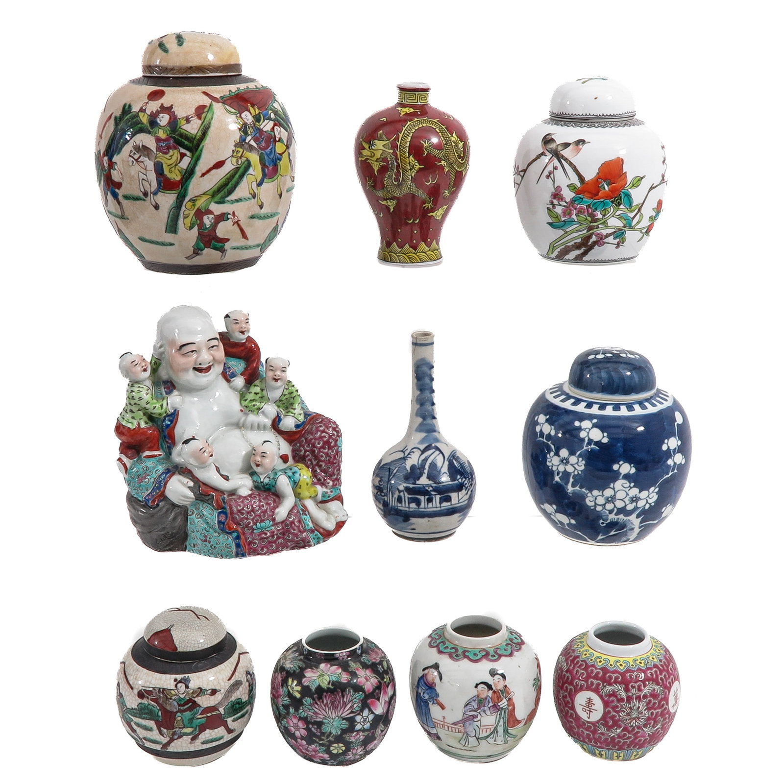 A Diverse Collection of Porcelain: Including ginger jars and vases, including 19th Century, Buddha sculpture is 18 cm. tall, in diverse conditions.