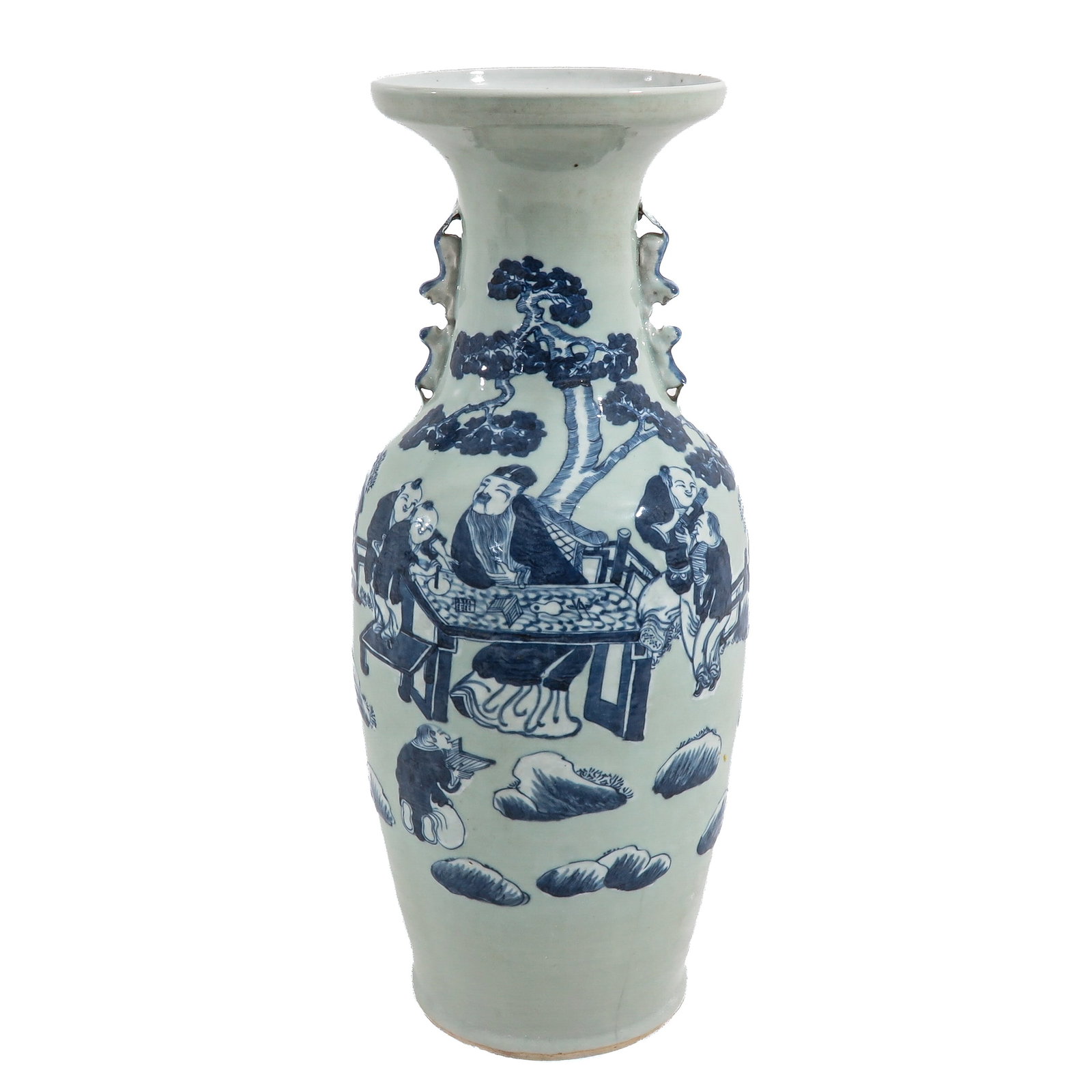 A Blue and White Vase: Decorated with a figural scene of scholars beneath a pine tree, with applied handles to the neck, 19th Century, 61 cm. tall, hairline.