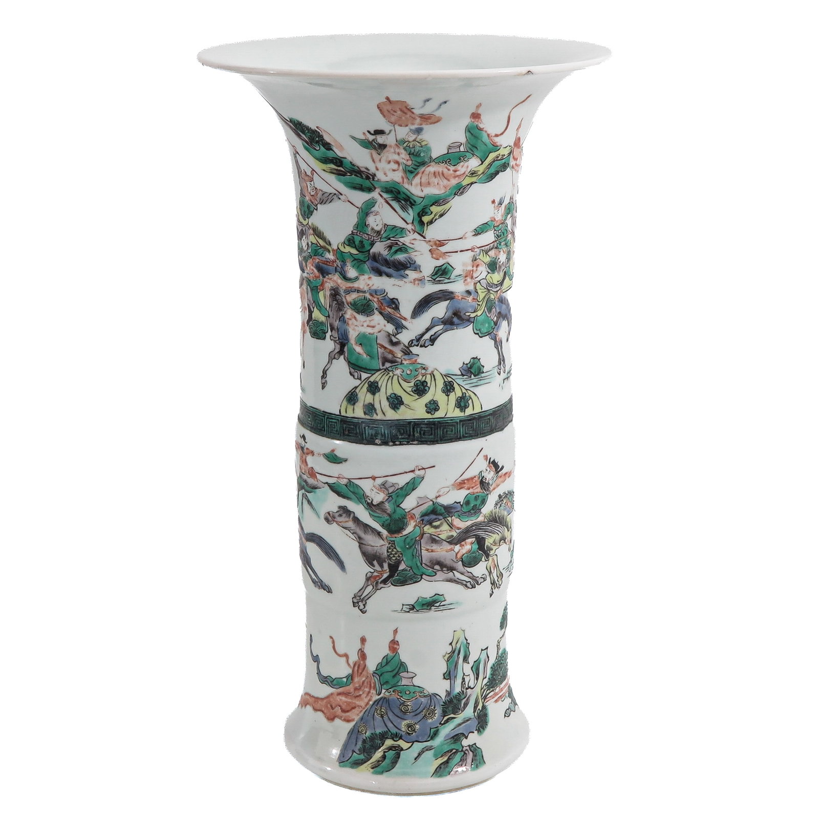 A Famille Verte Gu Vase: Decorated with mounted warriors and battle scenes, 45 cm. tall, chip and hairline.