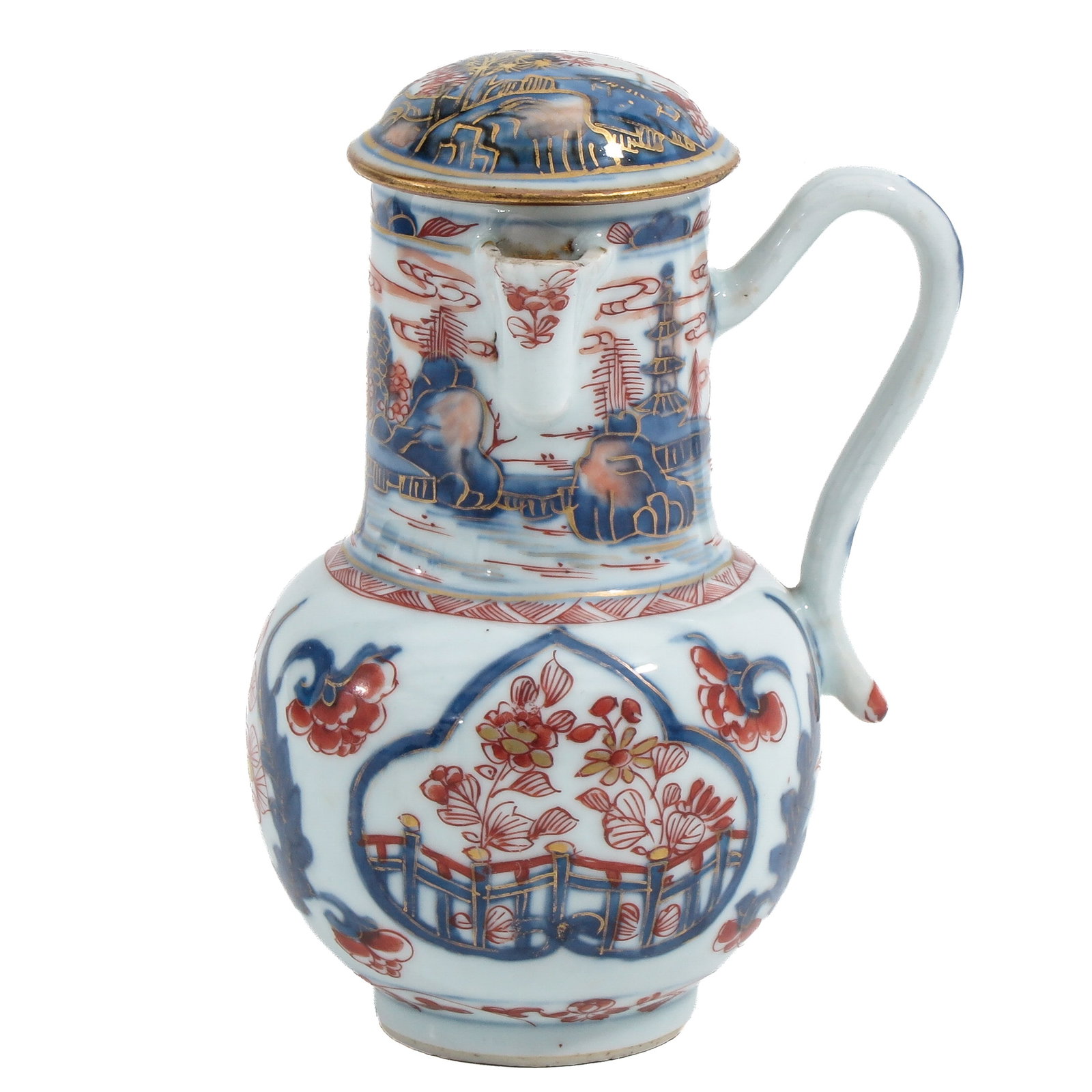 An Imari Creamer with Cover: Floral decor in iron red and gilt enamels, Kangxi Period, 16 cm. tall, chip and hairline.