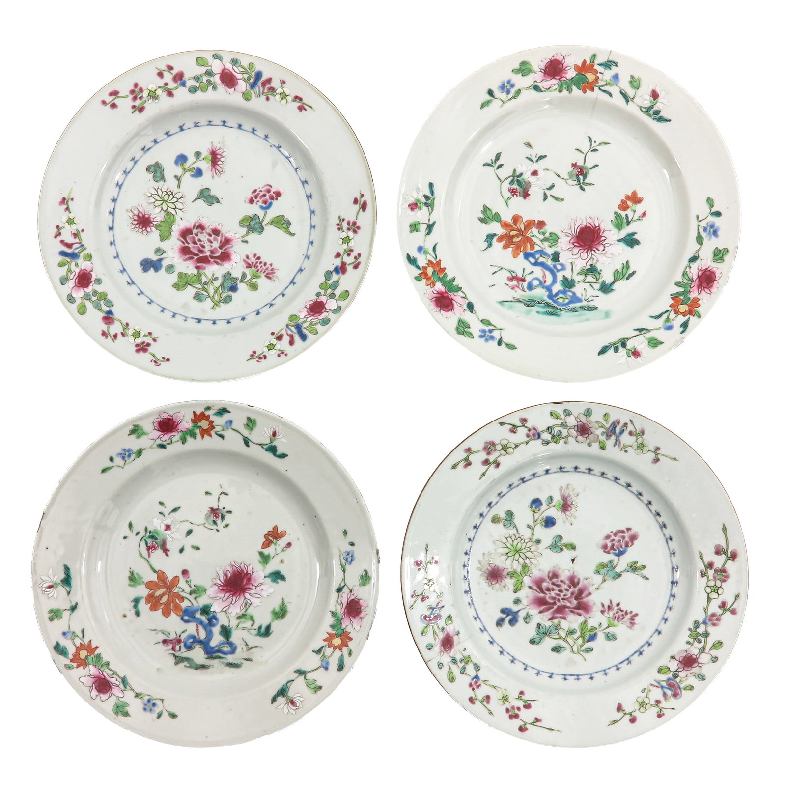 A Group of 4 Famille Rose Plates: Floral decor, 18th Century, 23 cm. in diameter, chip and hairline.