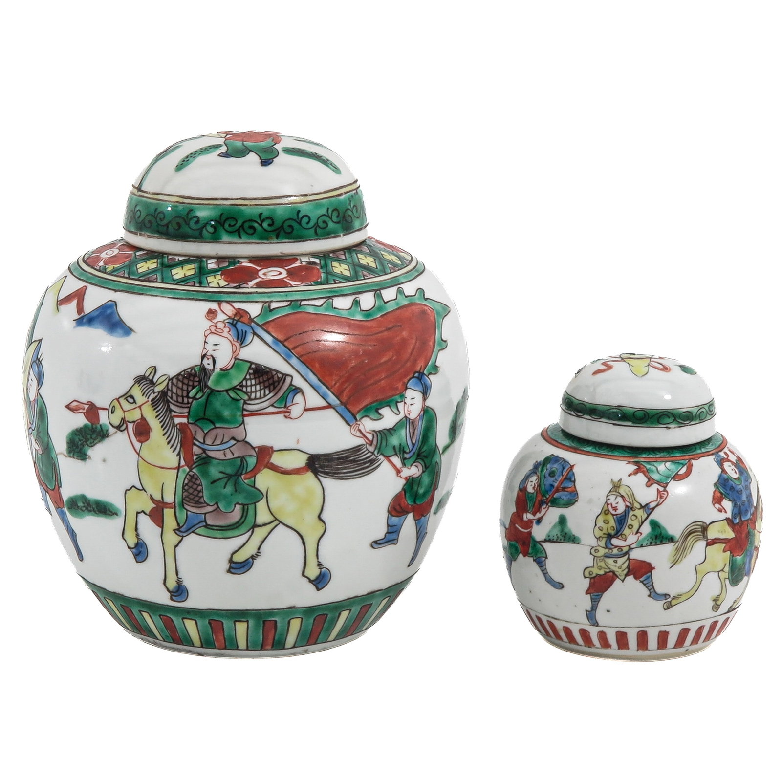 A Lot of 2 Famille Verte Covered Ginger Jars: Decorated with riders on horseback and figures in procession, 19th Century, tallest jar is 20 cm., hairline.