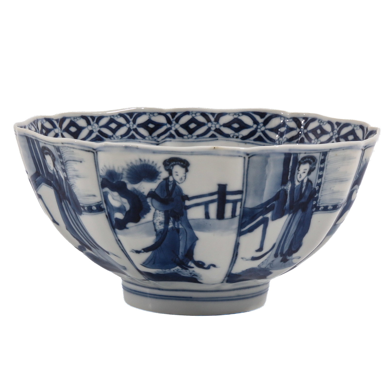 A Blue and White Bowl: Depicting ladies in a garden pavilion, the interior rim decorated with a geometric border, Chenghua mark, Kangxi Period, 15 cm. in diameter, chip.