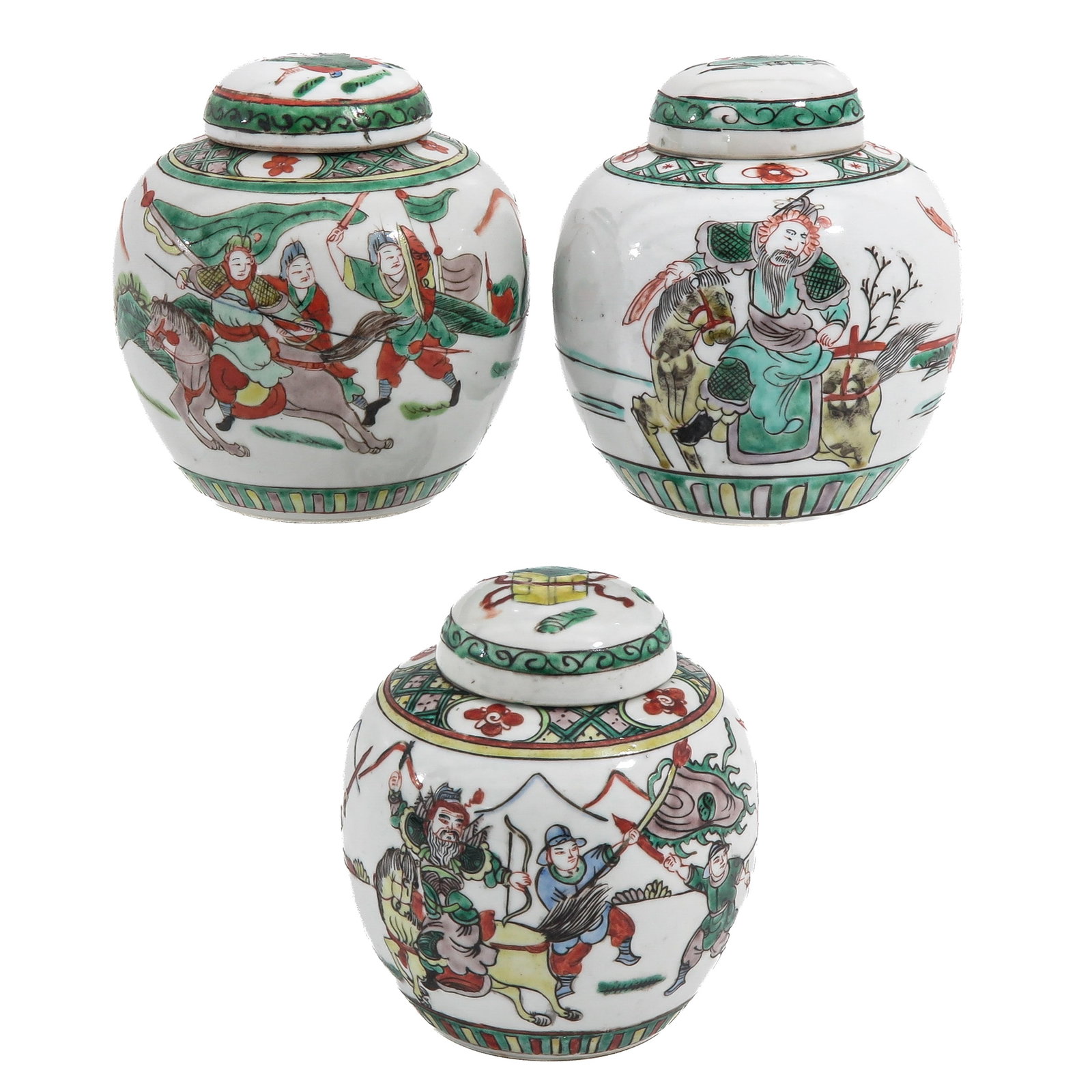 A Group of 3 Famille Verte Covered Ginger Jars: Decorated with warriors, generals and military scenes, 19th Century, 14 cm. tall.