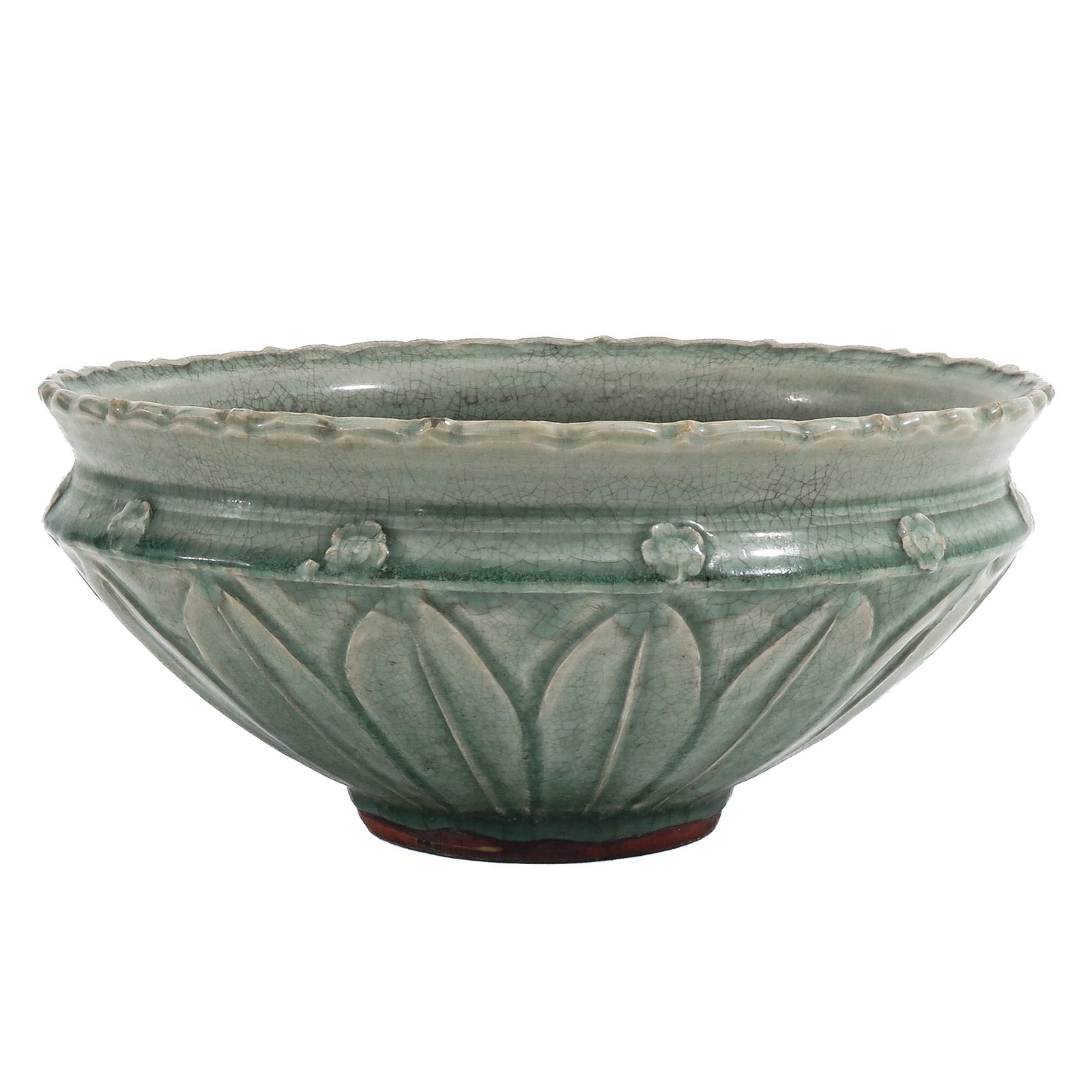 A Longquan Celadon Glazed Bowl: Moulded with lotus petals and applied floral bosses, 33 cm. in diameter x 15 cm. tall.