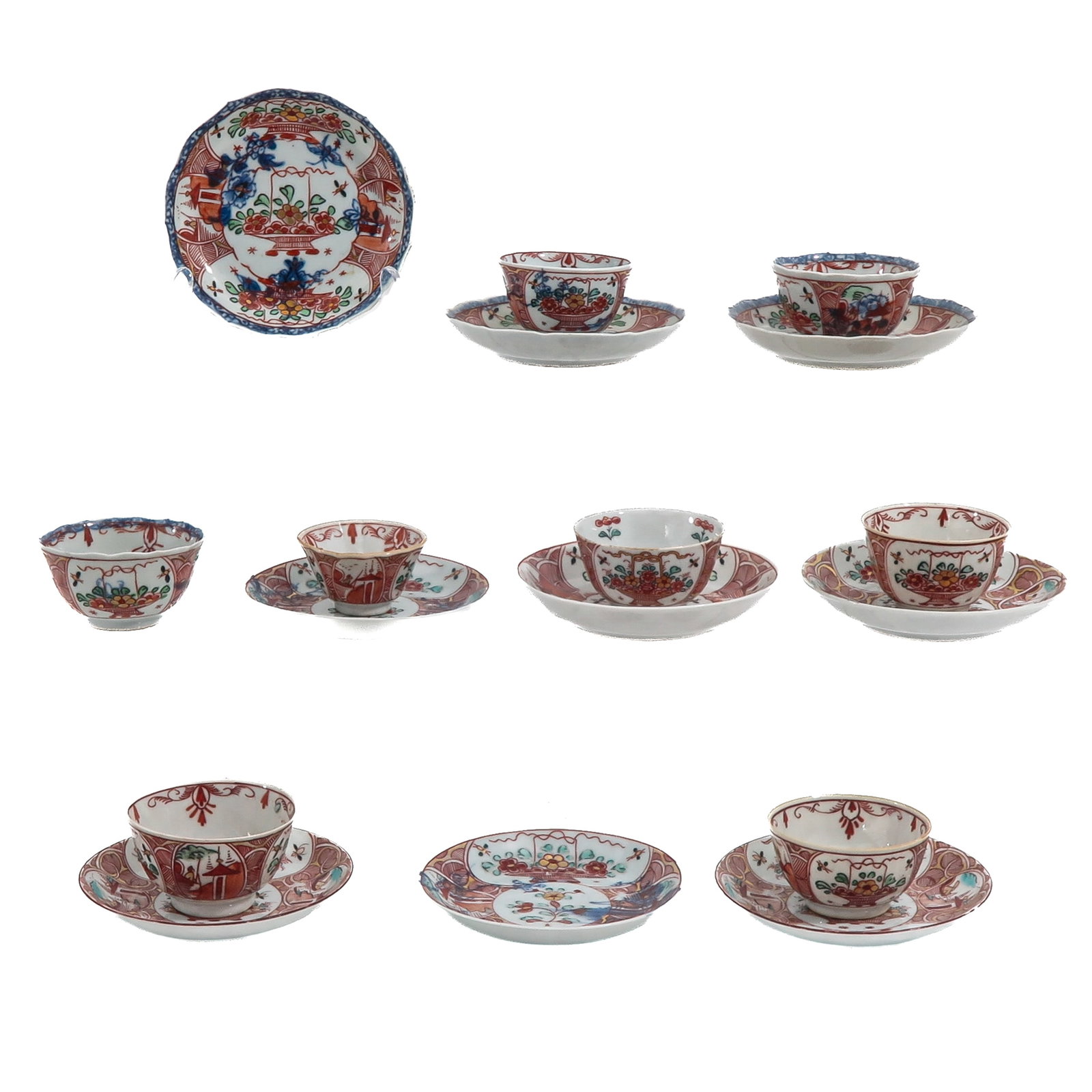 A Group of Polychrome Decor Cups and Saucers: Depicting flowers in a basket in center of saucers, 18th Century, saucers are 11 cm. in diameter, in diverse conditions.
