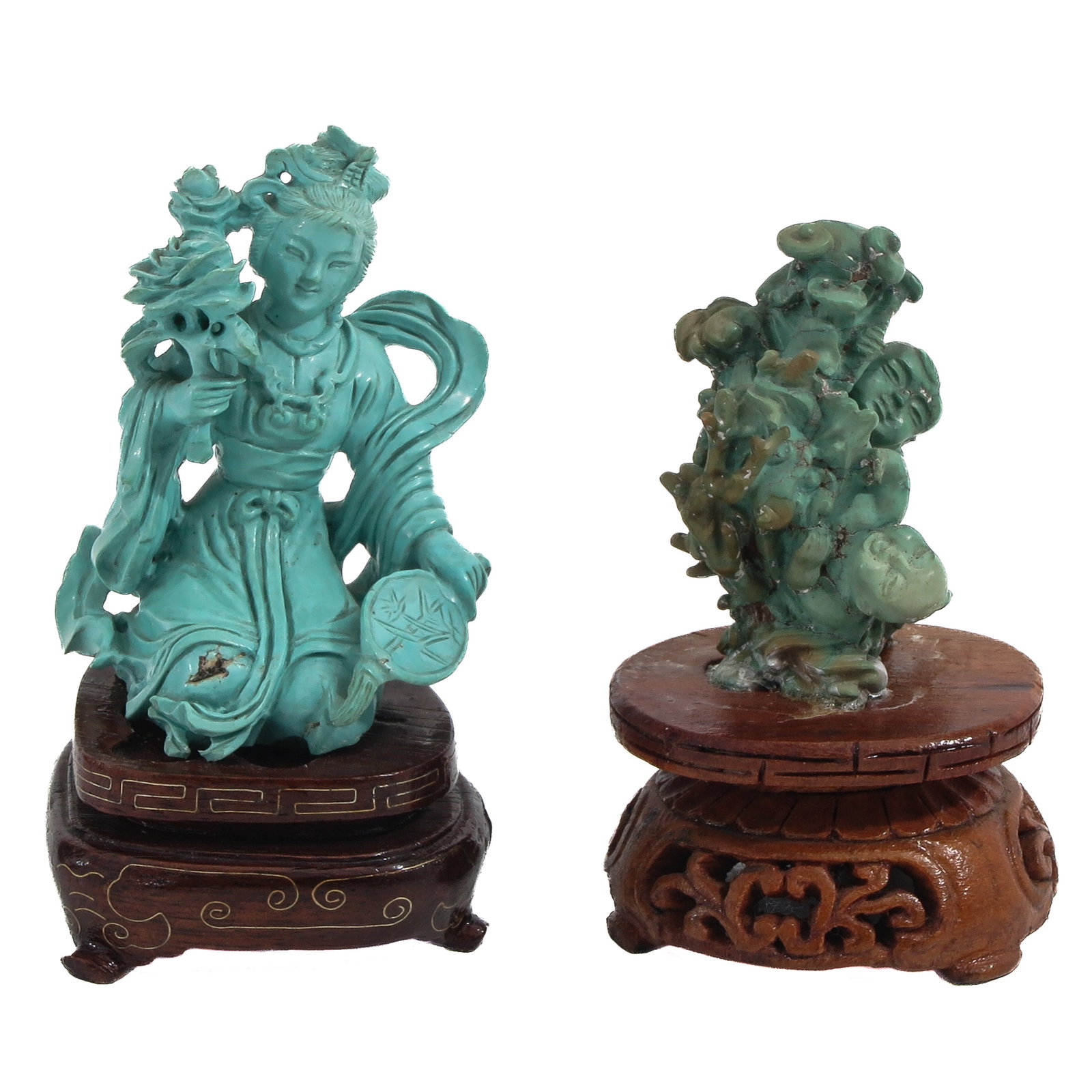 A Lot of 2 Small Sculptures: Including one of a seated Quanyin and the other of Chinese boys, both mounted on carved wood bases, tallest sculpture is 10 cm.