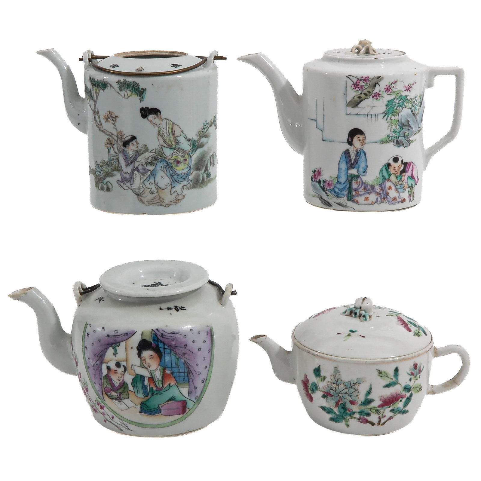 A Group of 4 Famille Rose Teapots: Variously decorated with figural scenes and flowering peonies, 19th Century, 14 cm. tall, in diverse conditions.