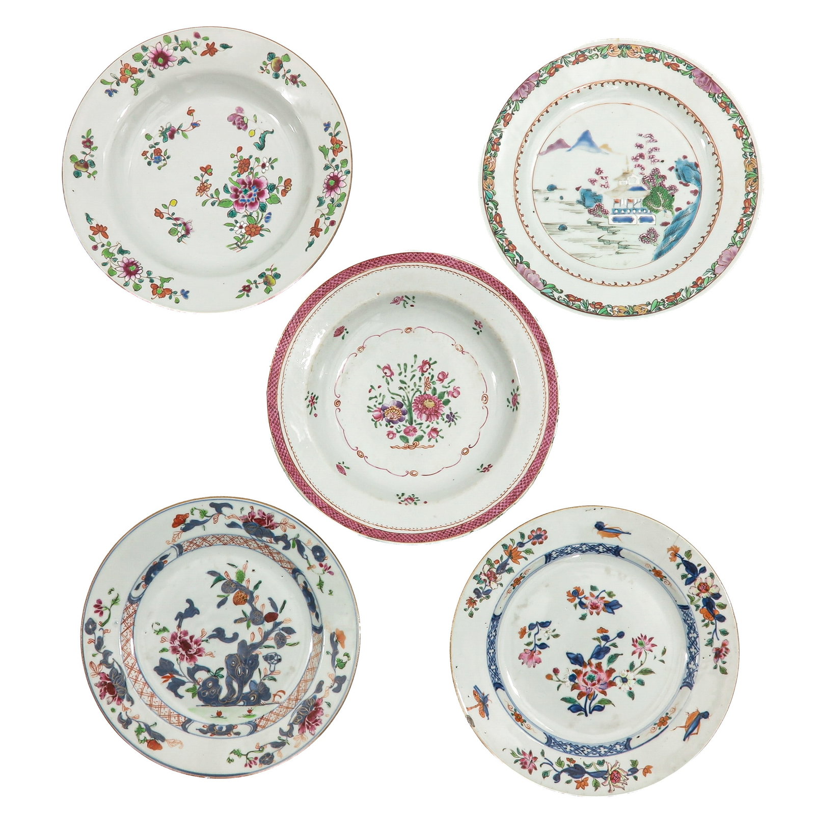 A Collection of 5 Plates: In a variety of decors, including 18th Century, 23 cm. in diameter, chip and hairline.