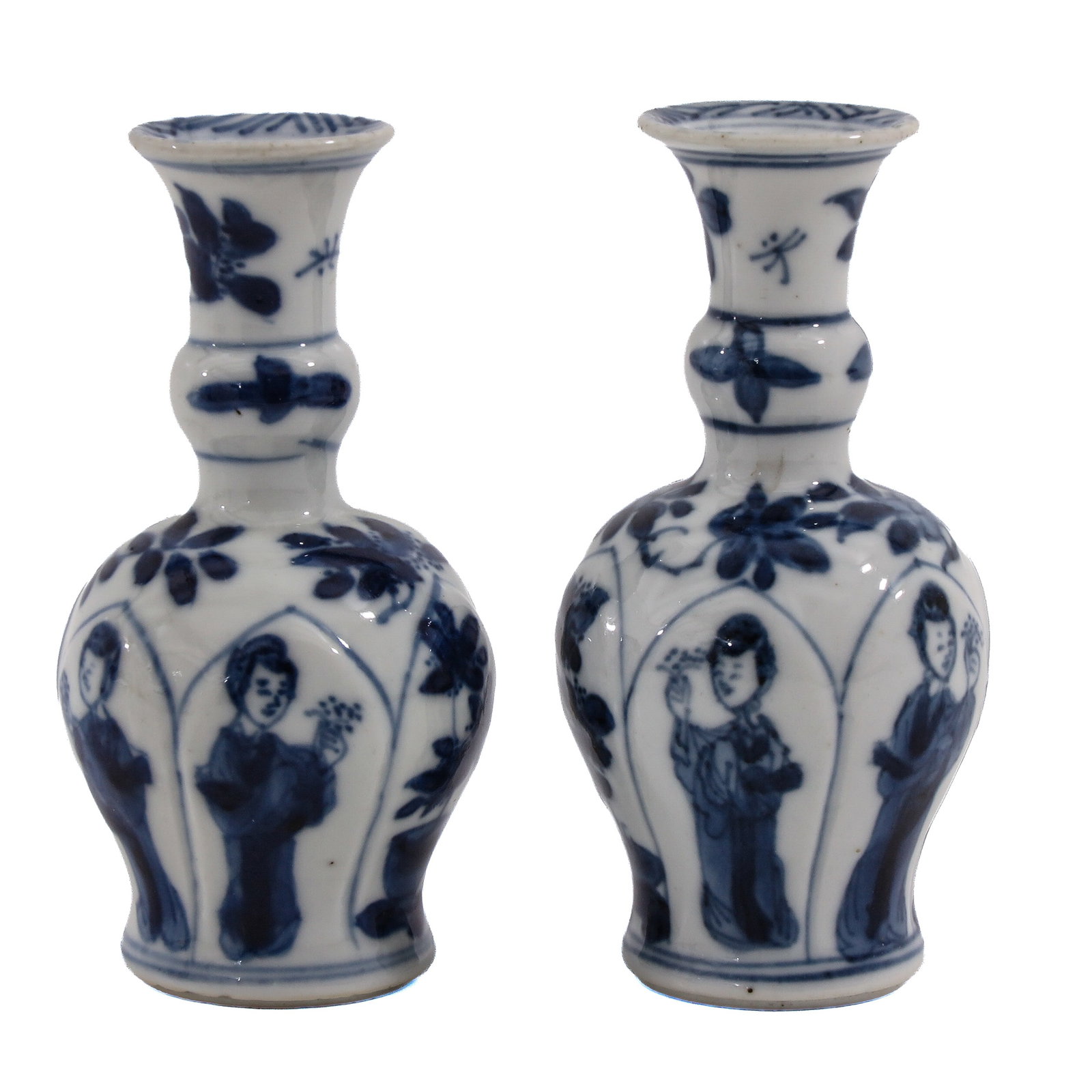 A Pair of Blue and White Miniature Vases: Depicting standing ladies in cartouches amidst flowering branches, 18th Century, 10 cm. tall.