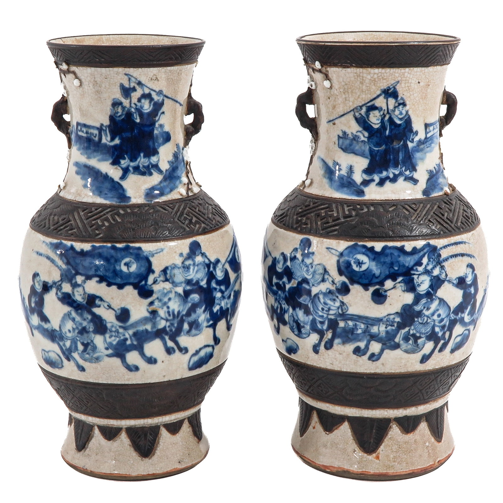 A Pair of Nanking Vases: Blue and white crackle glaze, decorated with figural scenes in cobalt blue and applied with dark brown molded bands and handles, 19th Century, 36 cm. tall.