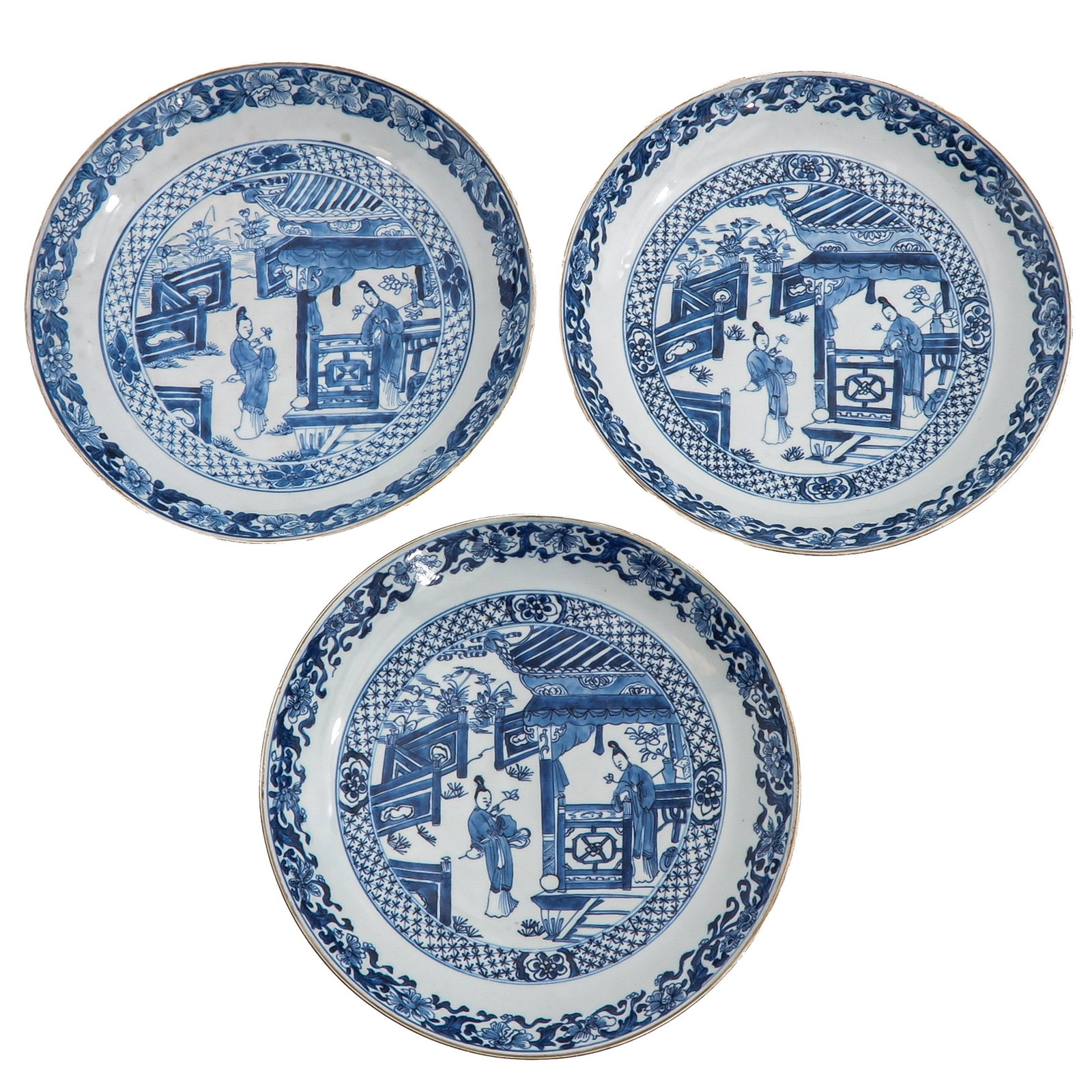 A Series of 3 Blue and White Plates: Decorated with figures in a pavilion within floral borders known as Romance of the Western Chamber or Xi Xiang Ji, 18th Century, 29 cm. in diameter.