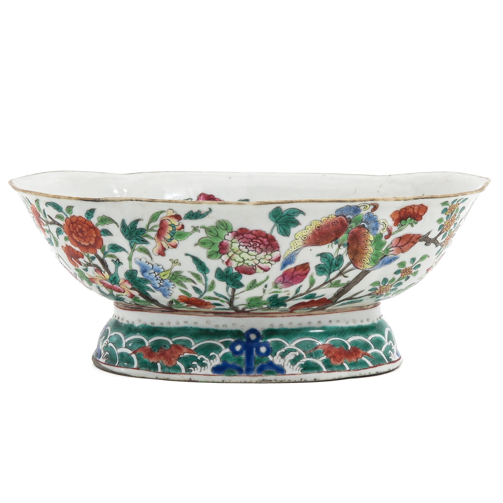 An Altar Dish: Beautifully decorated with flowers and butterflies, 19th Century, Jiaqing mark, 27 cm. long.