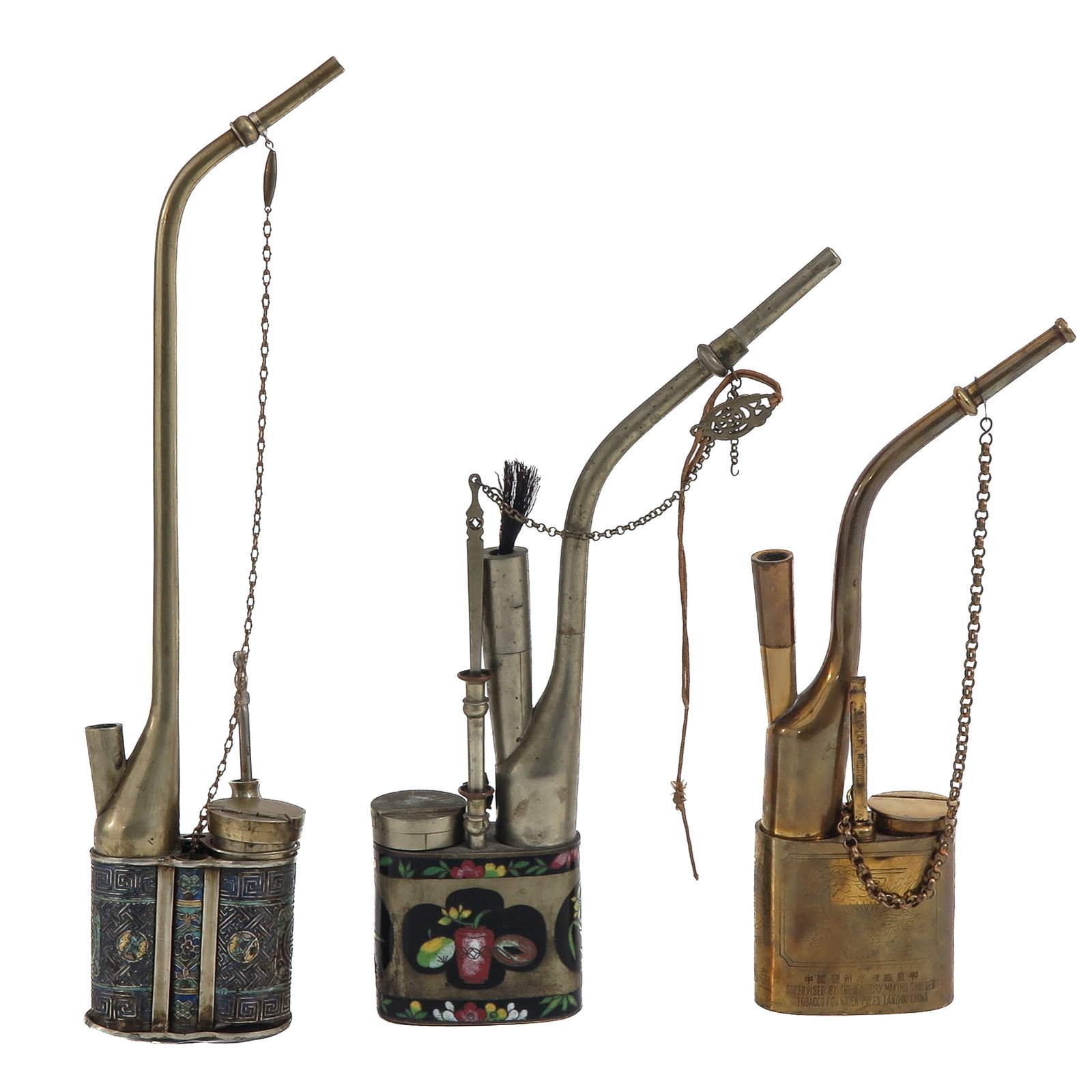 A Group of 3 Opium Pipes: In diverse decors and engravings, tallest pipe is 34 cm.
