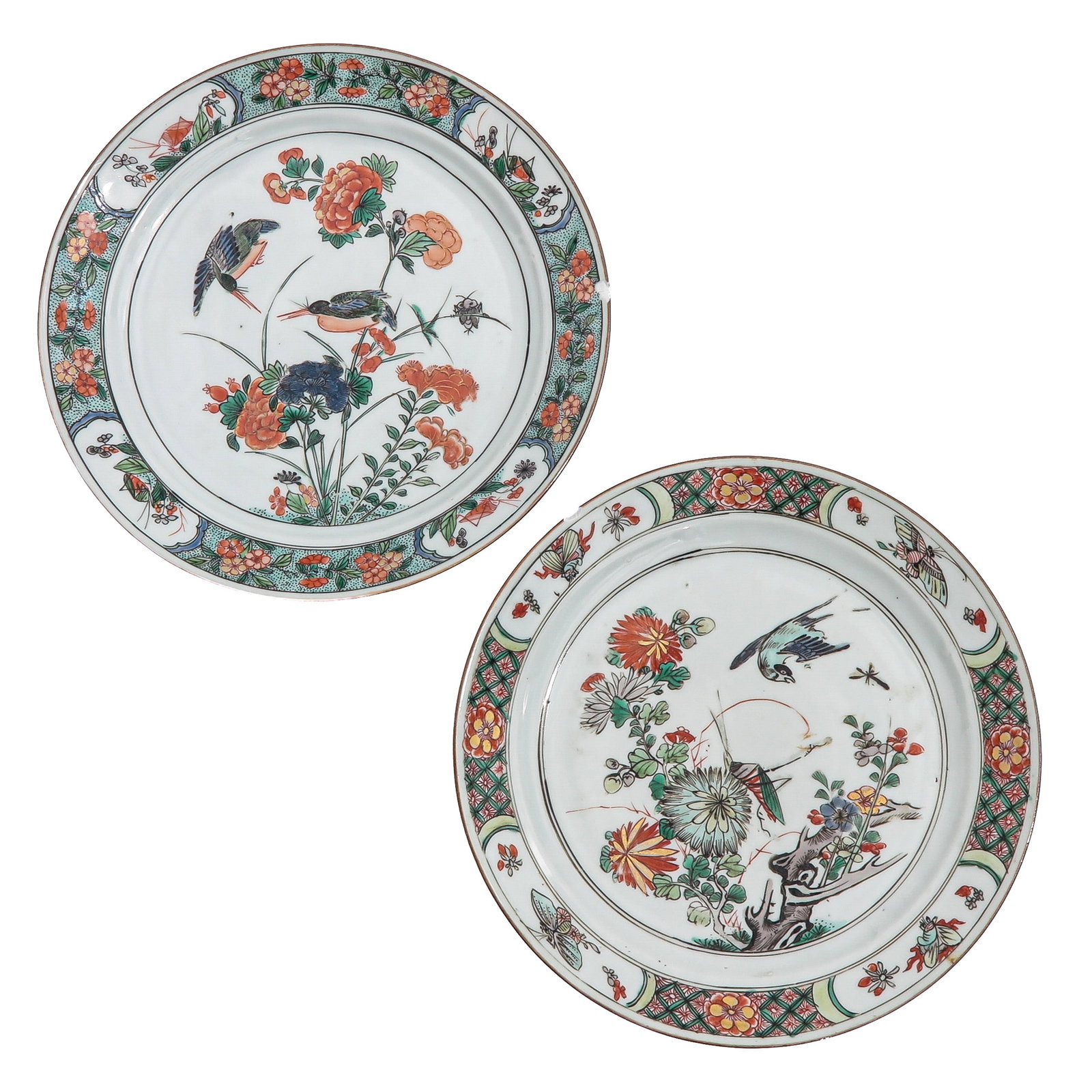 A Lot of 2 Famille Verte Plates: Decorated with birds, insects and flowering plants, 22 cm. in diameter, chip and hairline.