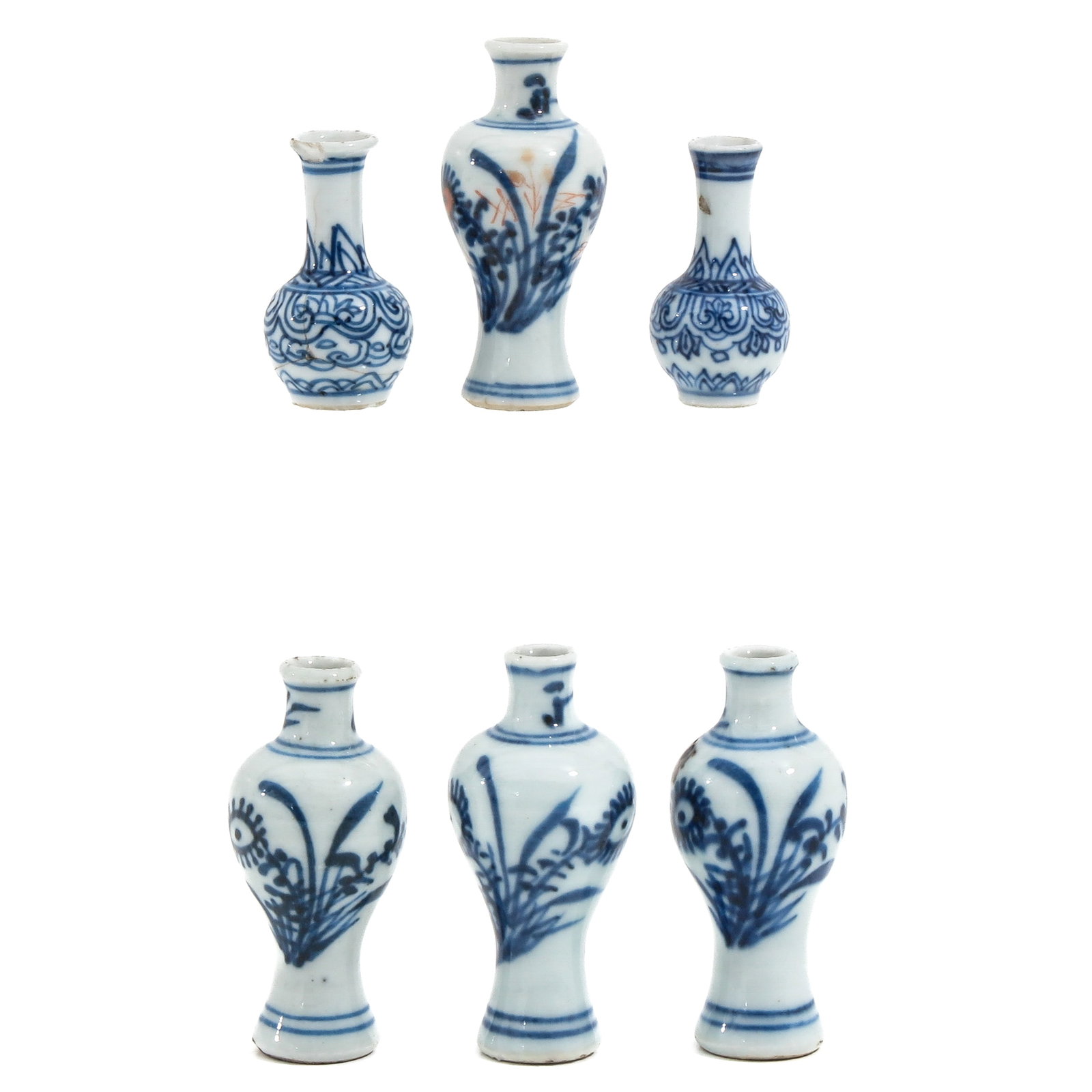 A Group of Miniature Vases: In a variety of blue and white decors, including 18th Century, tallest vase is 6 cm., in diverse conditions.
