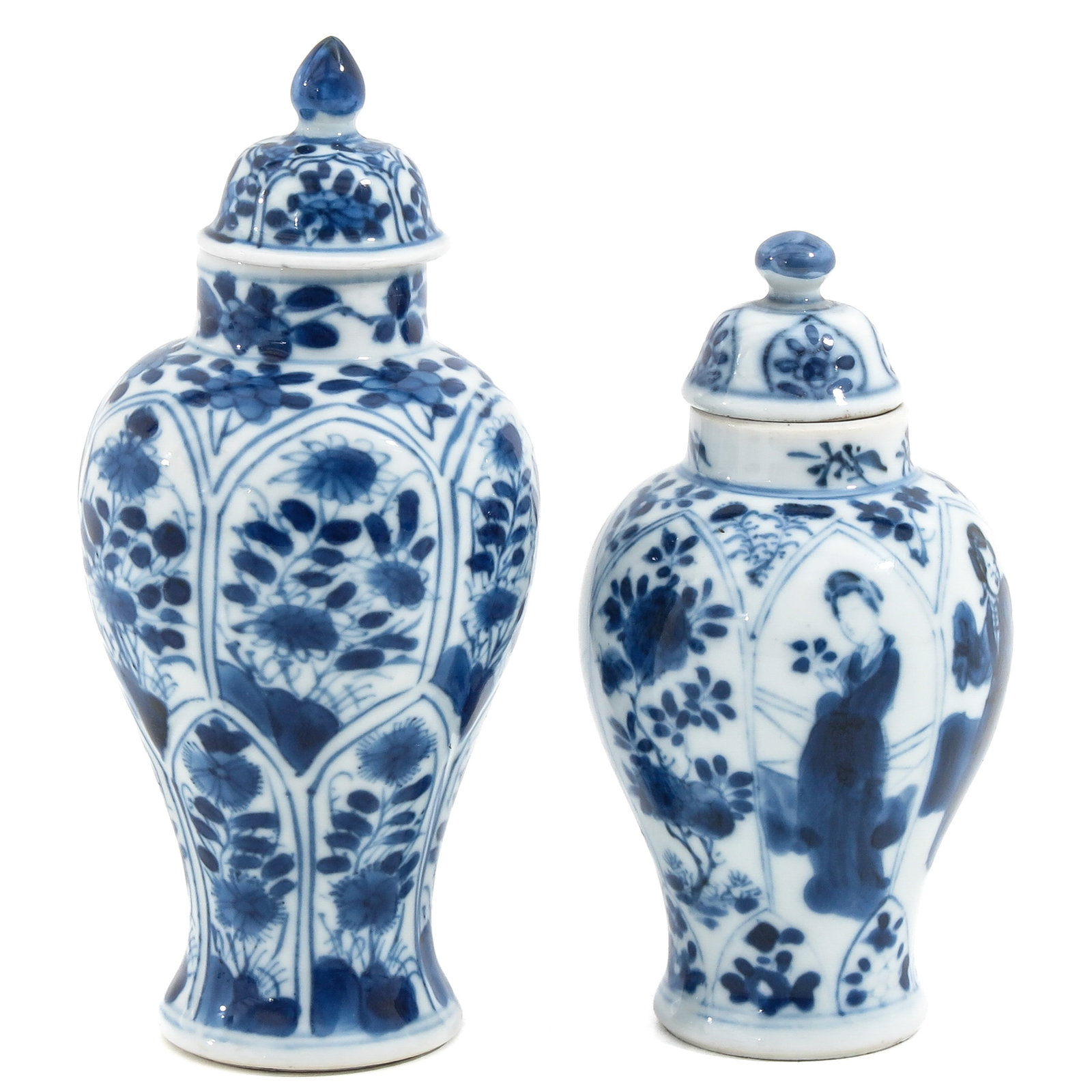 A Lot of 2 Miniature Vases with Covers: Including floral decors and ladies in a garden setting, including 18th Century, tallest is 14 cm.